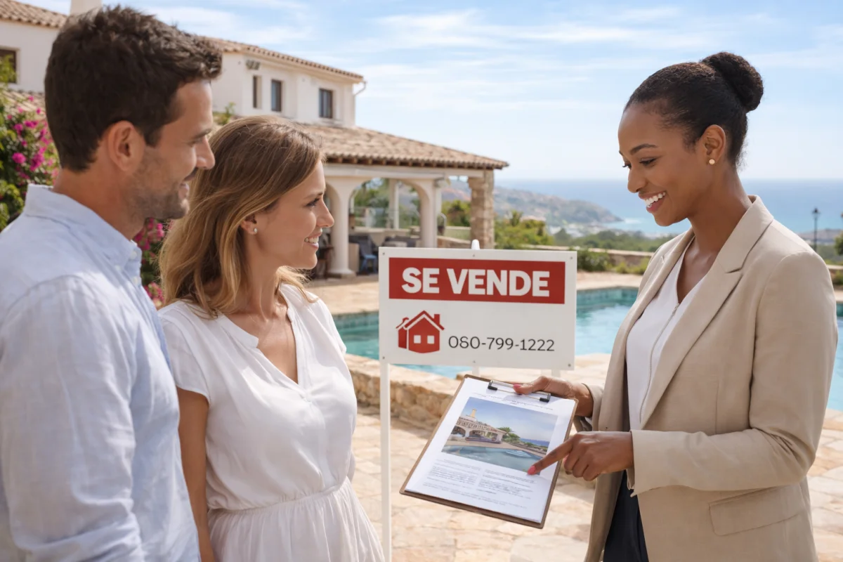 Immobilienmaklerin zeigt einem Paar Unterlagen vor einer mediterranen Villa mit Pool, Meerblick und Zu Verkaufen-Schild.