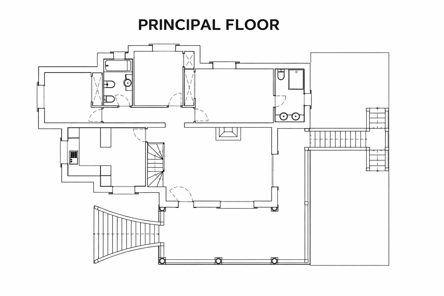 Detaillierter Grundriss des Hauptgeschosses mit der Aufteilung von Schlafzimmern, Bädern, Küche und dem großzügigen Wohnbereich mit Kamin und Terrasse.