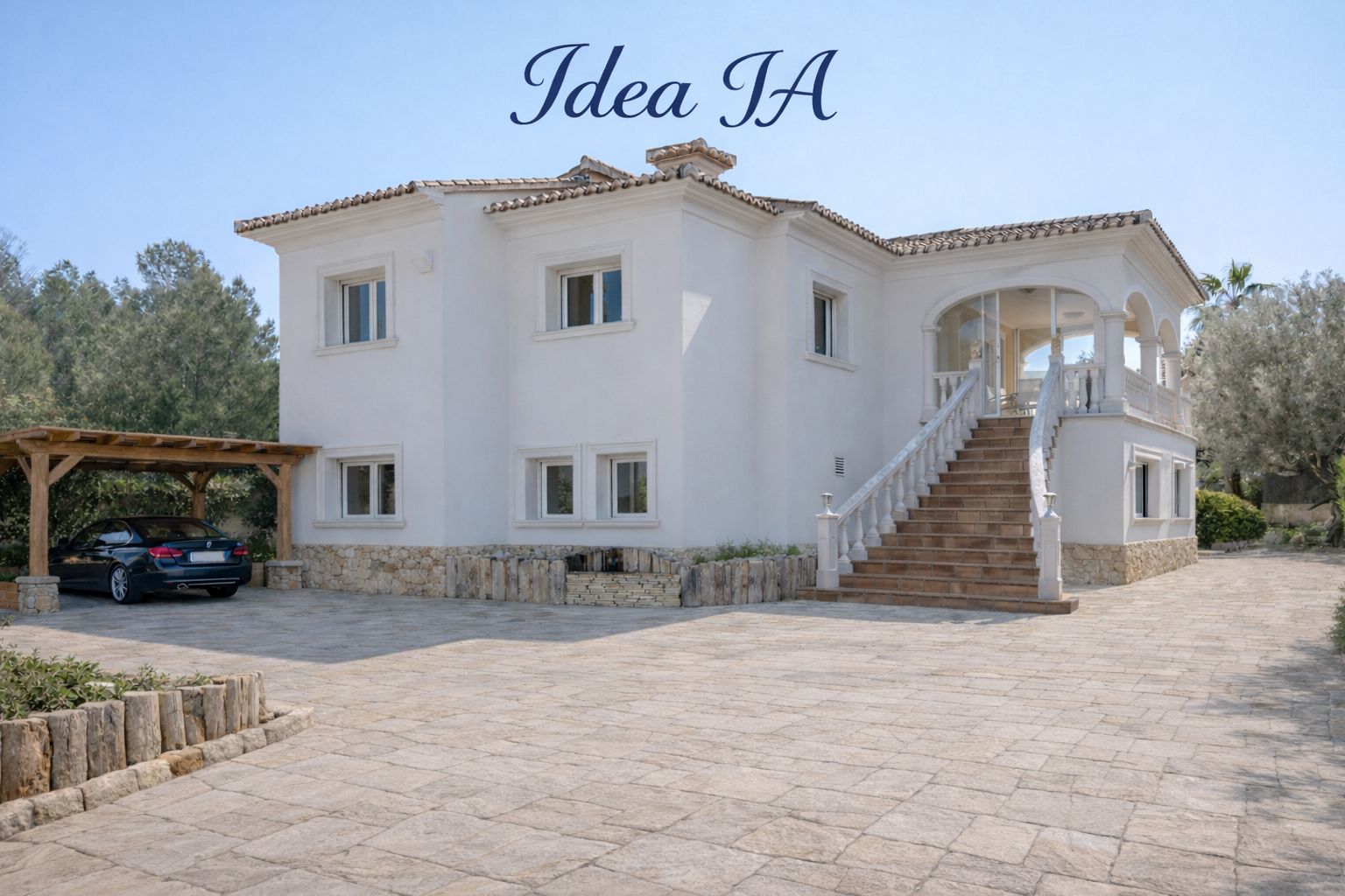 Hauptfassade der Villa mit herrschaftlicher Außentreppe, Rundbogen-Terrasse und großzügiger gepflasterter Einfahrt inklusive Holz-Carport.