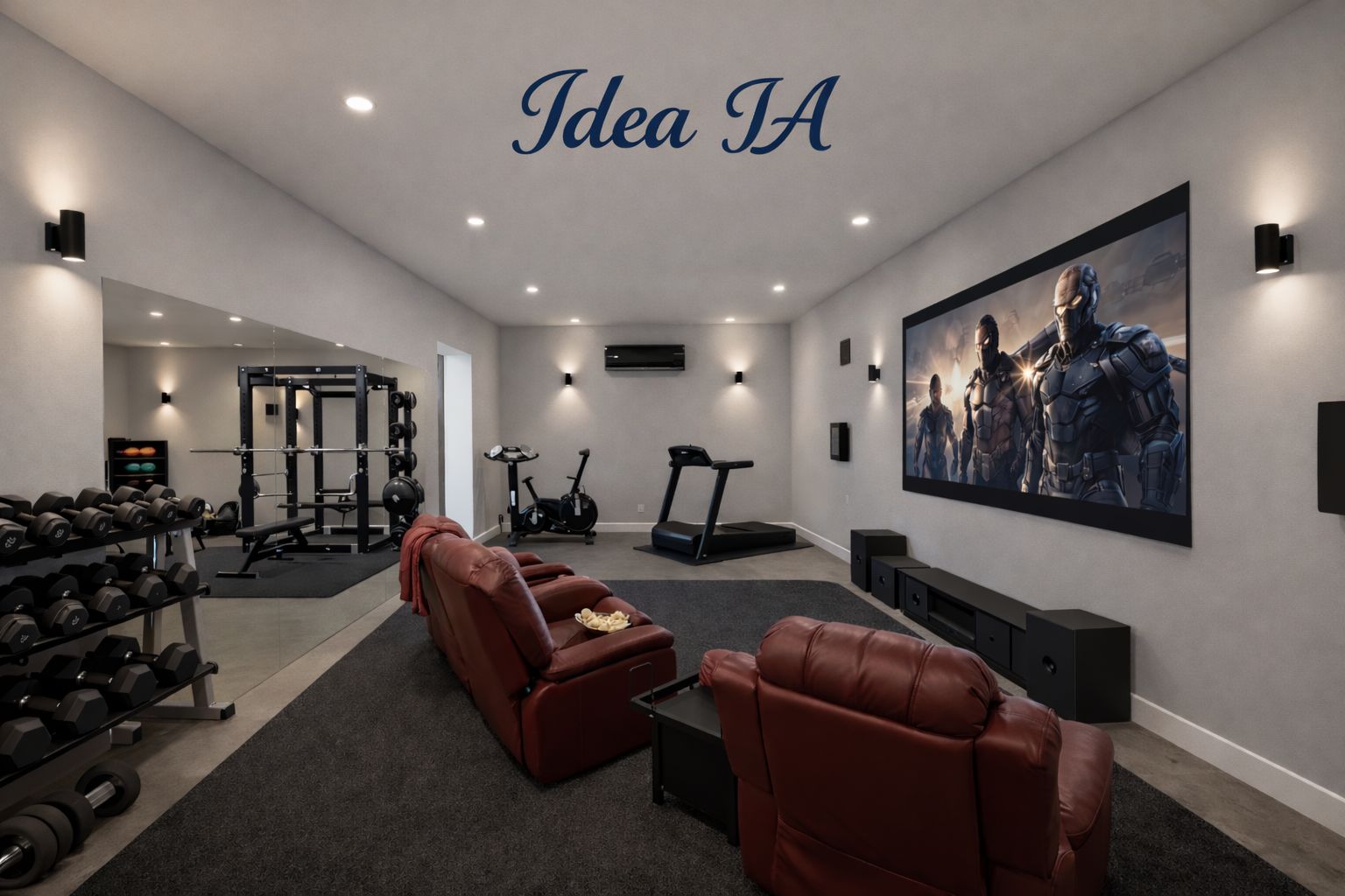 Mehrzweckraum für Heimkino und Fitness mit Großbildleinwand, roten Ledersesseln und modernem Trainingsbereich inklusive Hantelstation und Ausdauergeräten.