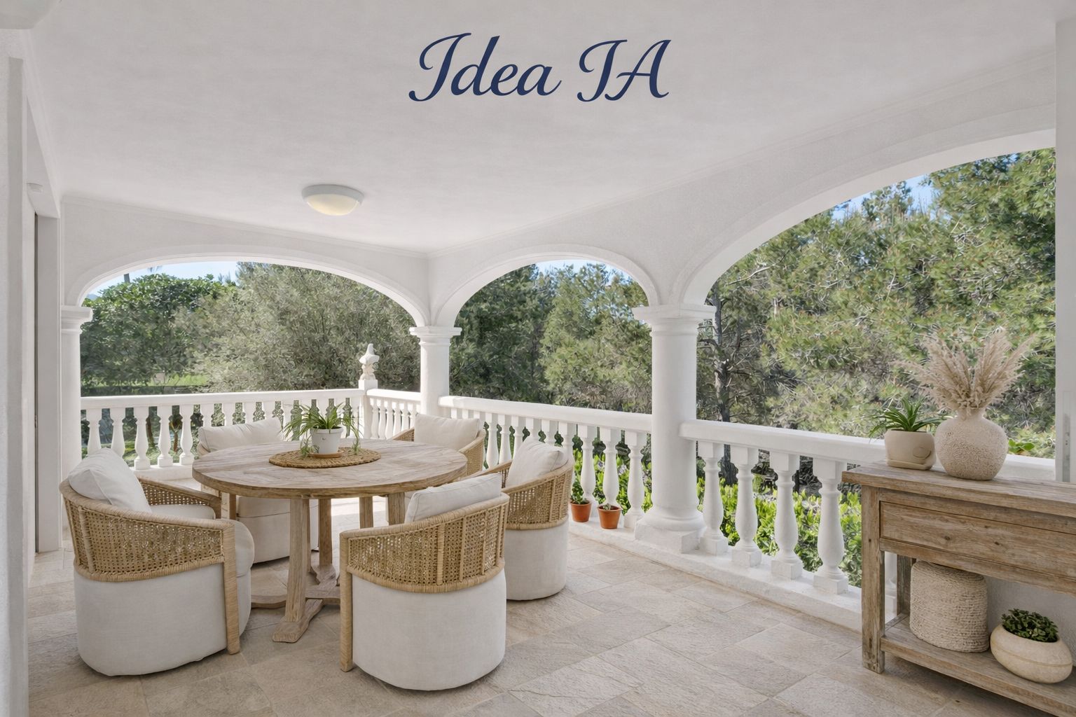 Überdachte Terrasse mit Rundbögen, weißer Balustrade und runder Holz-Essgruppe mit weitem Blick in die umliegende mediterrane Natur.
