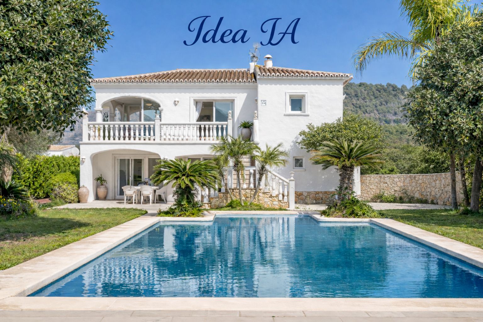 Weiße Villa im mediterranen Stil mit großem Pool, gepflegtem Garten mit Palmen und weitem Blick auf die umliegende Berglandschaft.