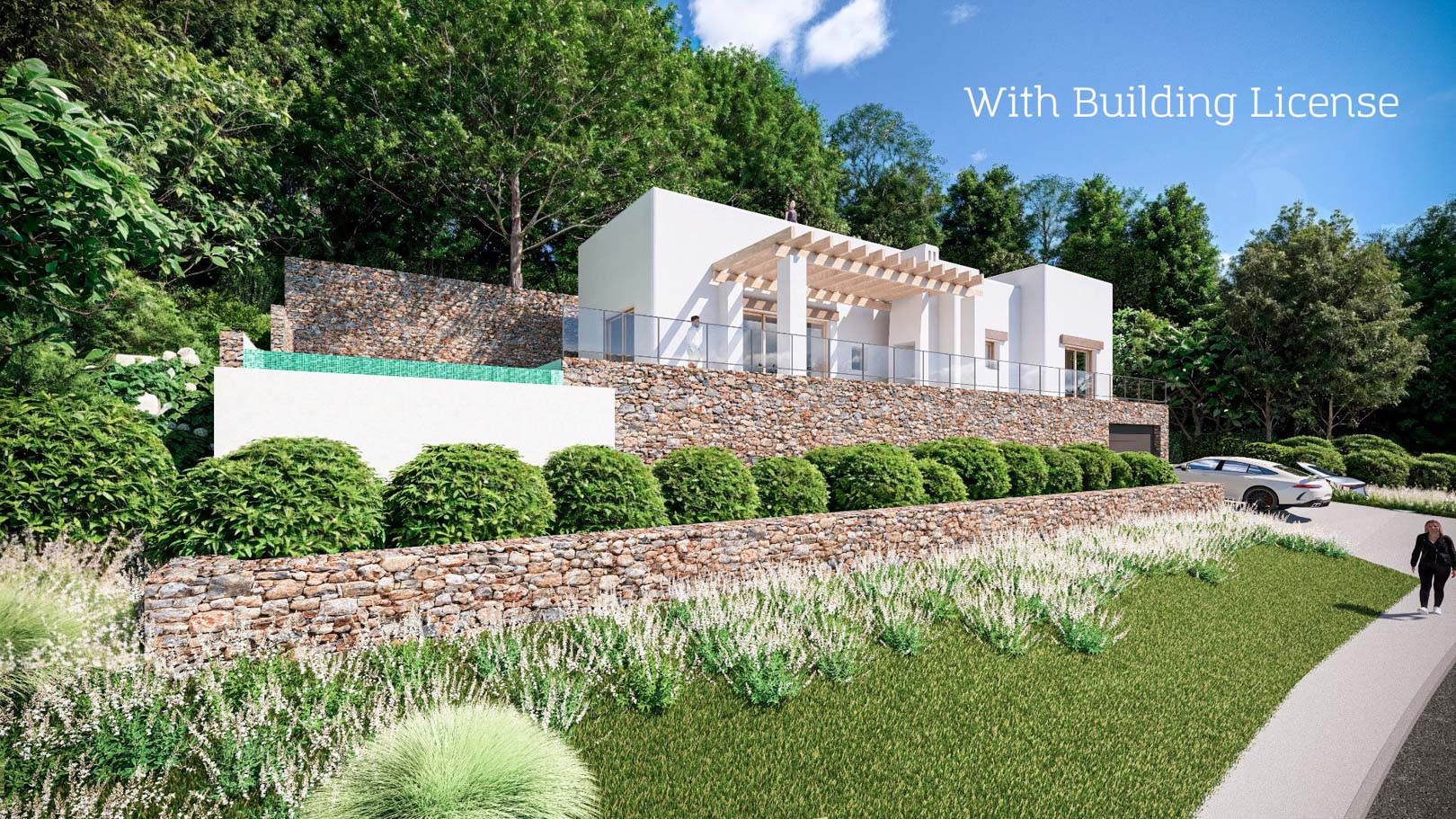 Außenansicht einer Villa im Ibiza-Stil mit Natursteinmauern, Holzpergola und integriertem Poolbereich auf einem terrassierten Grundstück im Grünen.