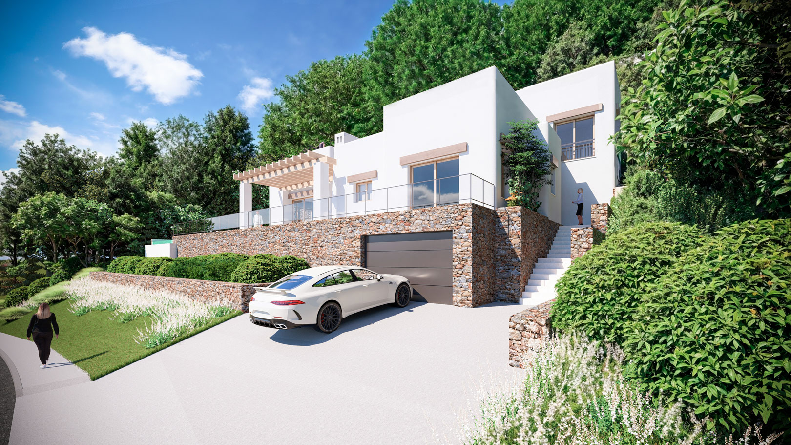 Außenansicht im Ibiza-Stil mit Natursteinmauern, integrierter Garage und oberer Terrasse mit Holzpergola und Glasgeländern.