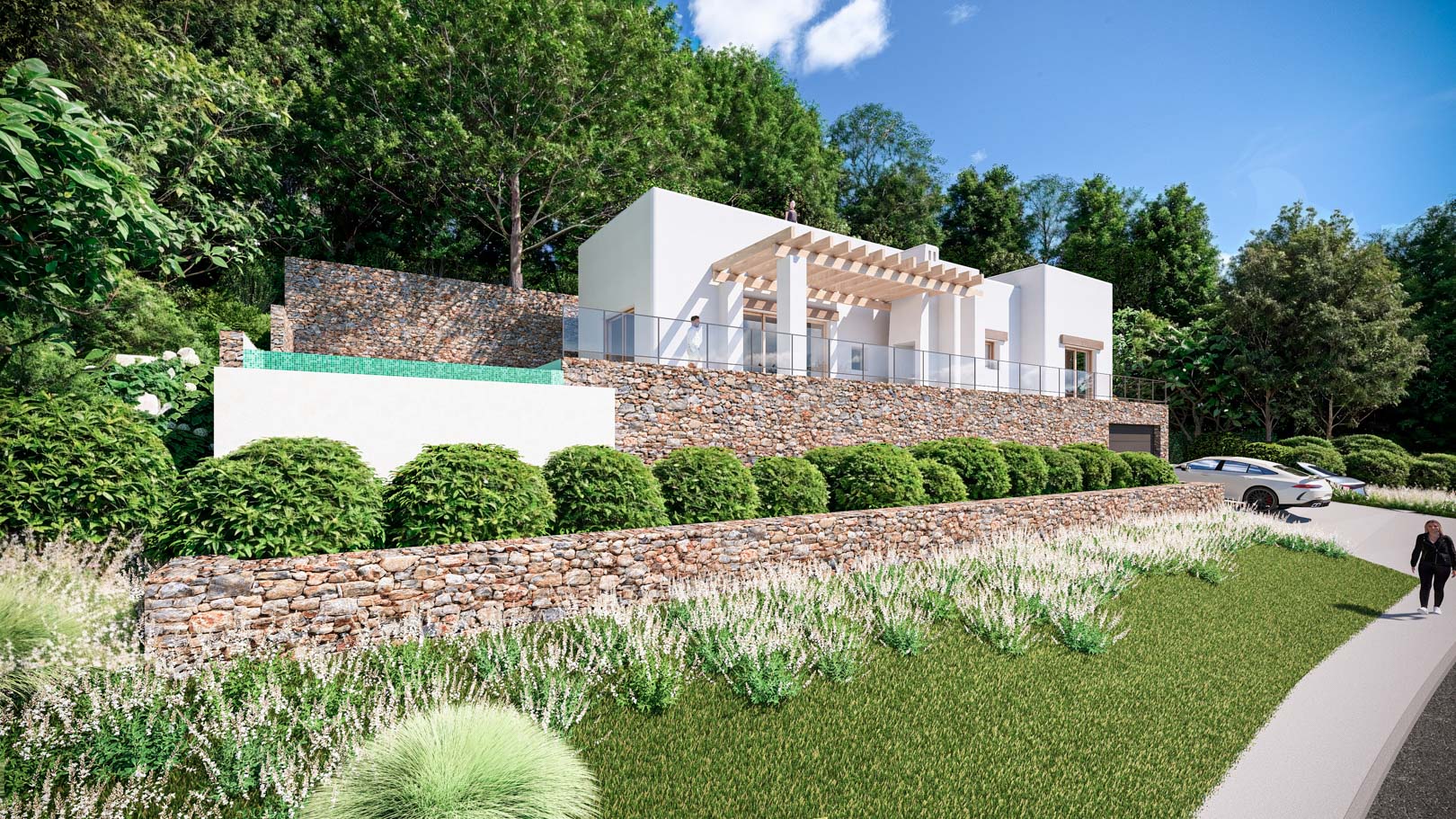 Außenansicht mit Natursteinmauern, Holzpergola und einem Infinity-Pool, der harmonisch in die terrassierte Gartenlandschaft eingebettet ist.