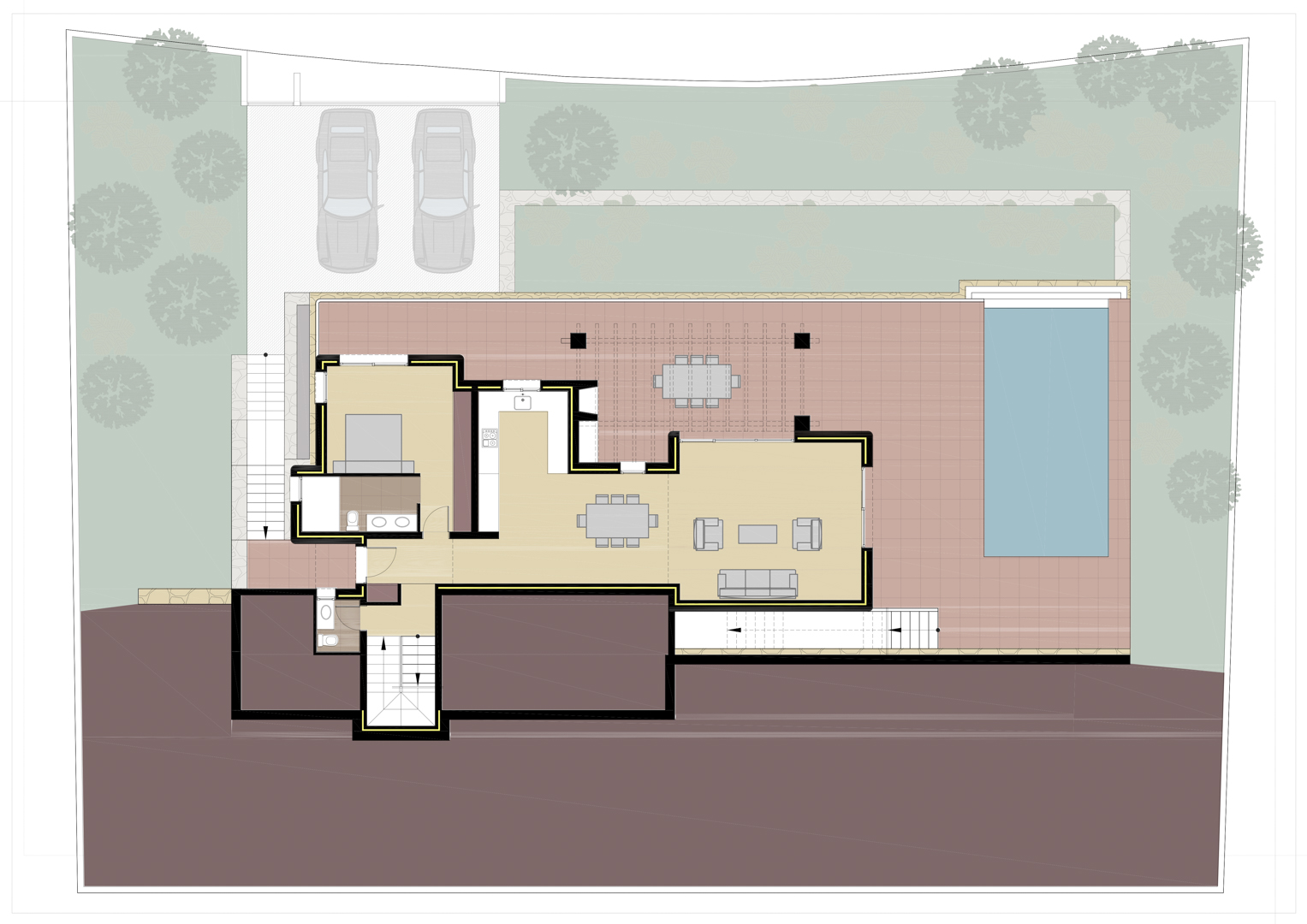 Detaillierter Grundriss der Hauptebene mit offenem Wohnbereich, Schlafzimmer mit eigenem Bad und einer großzügigen Terrasse mit privatem Pool.