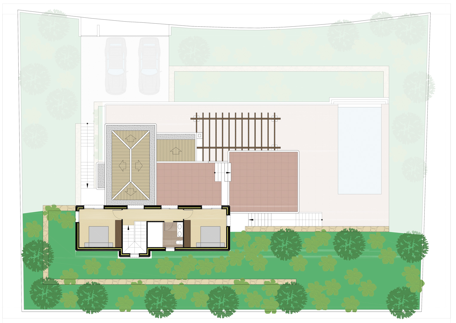 Lageplan und Grundriss der Villa, der die Anordnung von Pool, Parkplätzen, Terrassen mit Pergola und die Raumaufteilung der Schlafzimmer auf dem Grundstück zeigt.