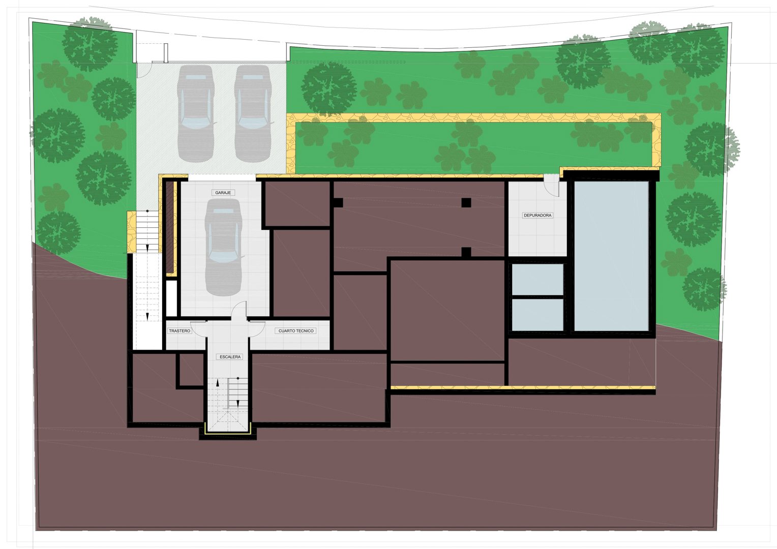 Technischer Grundriss des Untergeschosses mit Garage, Abstellraum, Technikraum und Pool-Filteranlage inmitten der Gartenanlagen.