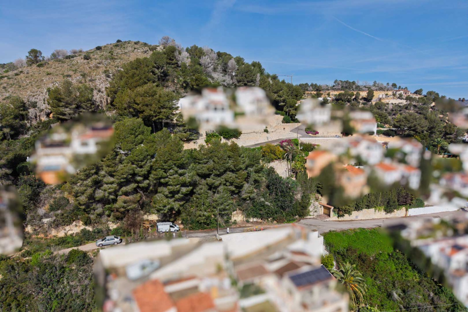 Erhöhte Ansicht des bewaldeten Hangs in Sol de Este mit mediterranen Villen zwischen Pinien und asphaltierten Zufahrtswegen mit Steinmauern.