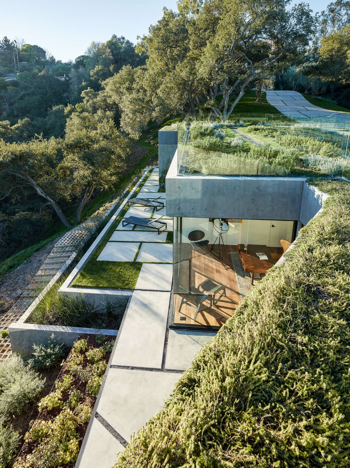 Moderne Betonvilla mit Gründach, Glasgeländern und geometrisch gepflasterten Terrassen, die harmonisch in die bewaldete Hanglage integriert sind.