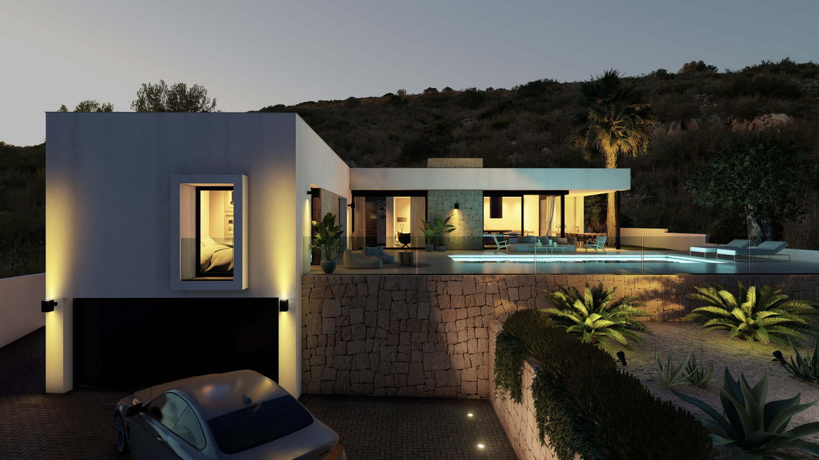 Außenansicht einer modernen Villa bei Dämmerung mit Infinity-Pool, Natursteinmauern und Garage. Die Beleuchtung setzt die Architektur und den mediterranen Garten in Szene.