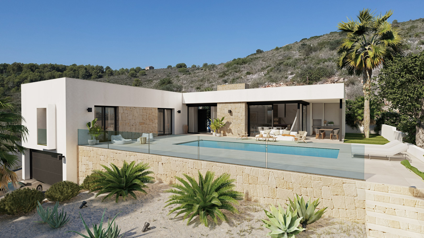 Moderne L-förmige Villa mit Natursteinwänden, rechteckigem Pool mit Glasgeländer und großzügiger Terrasse inmitten einer mediterranen Hügellandschaft.