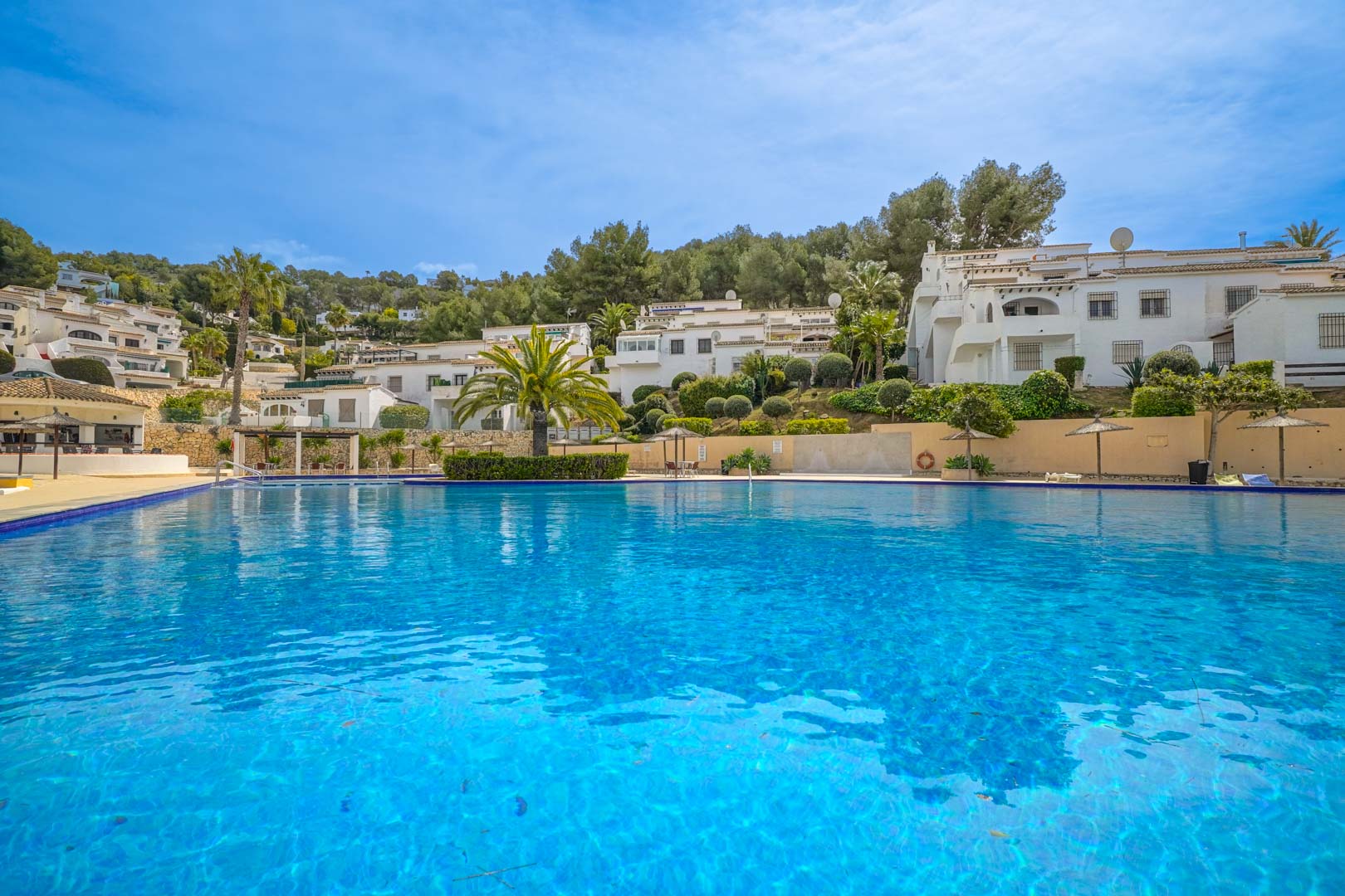 Großer Gemeinschaftspool mit blauen Fliesen, umgeben von mediterranen Grünanlagen und weißen Wohngebäuden in der Anlage Pueblo Alcasar.