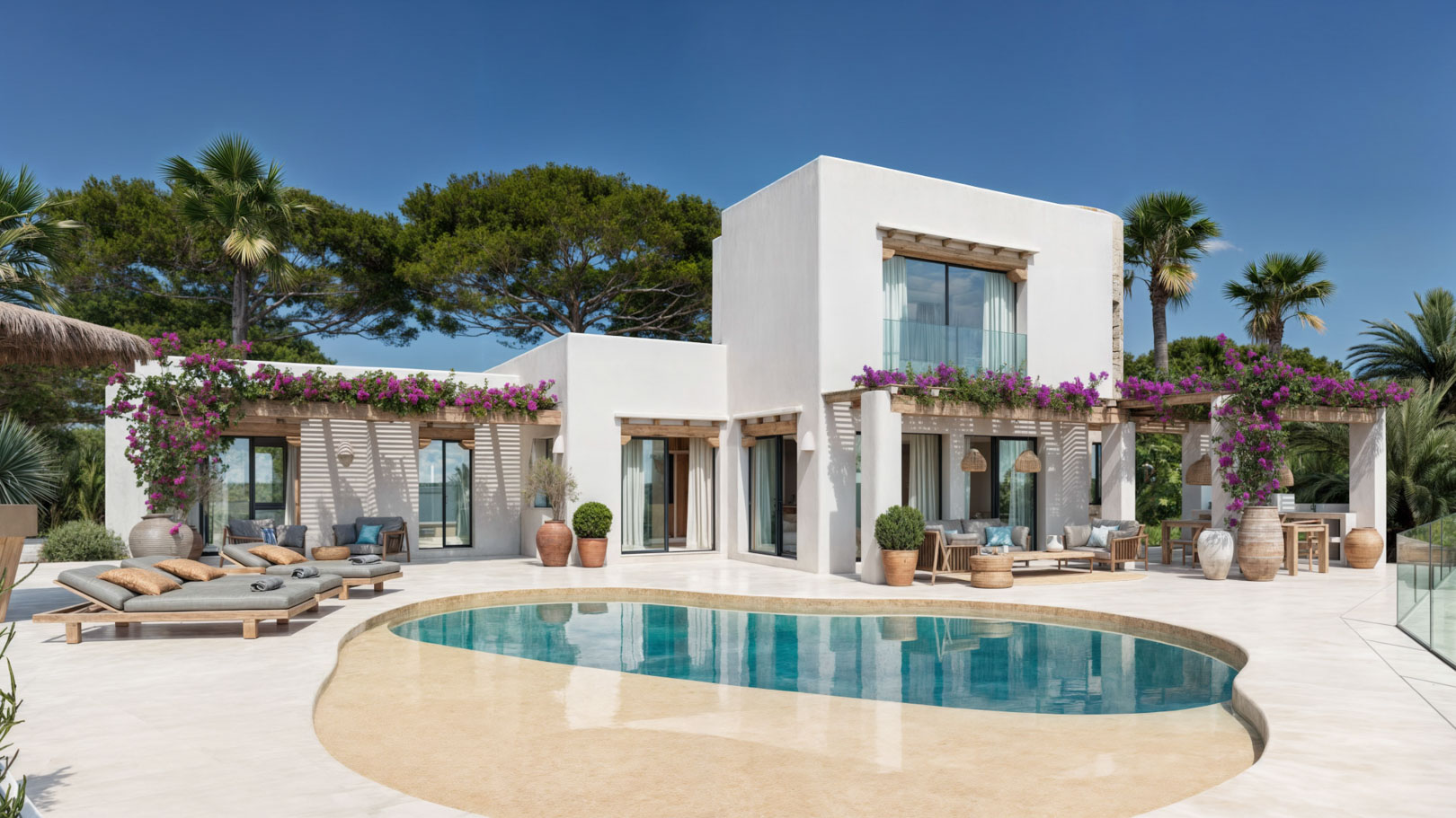 Außenansicht der Villa im Ibiza-Stil mit organisch geformtem Pool, Holzpergolen mit Bougainvillea und weitläufigen Steinterrassen in mediterraner Umgebung.
