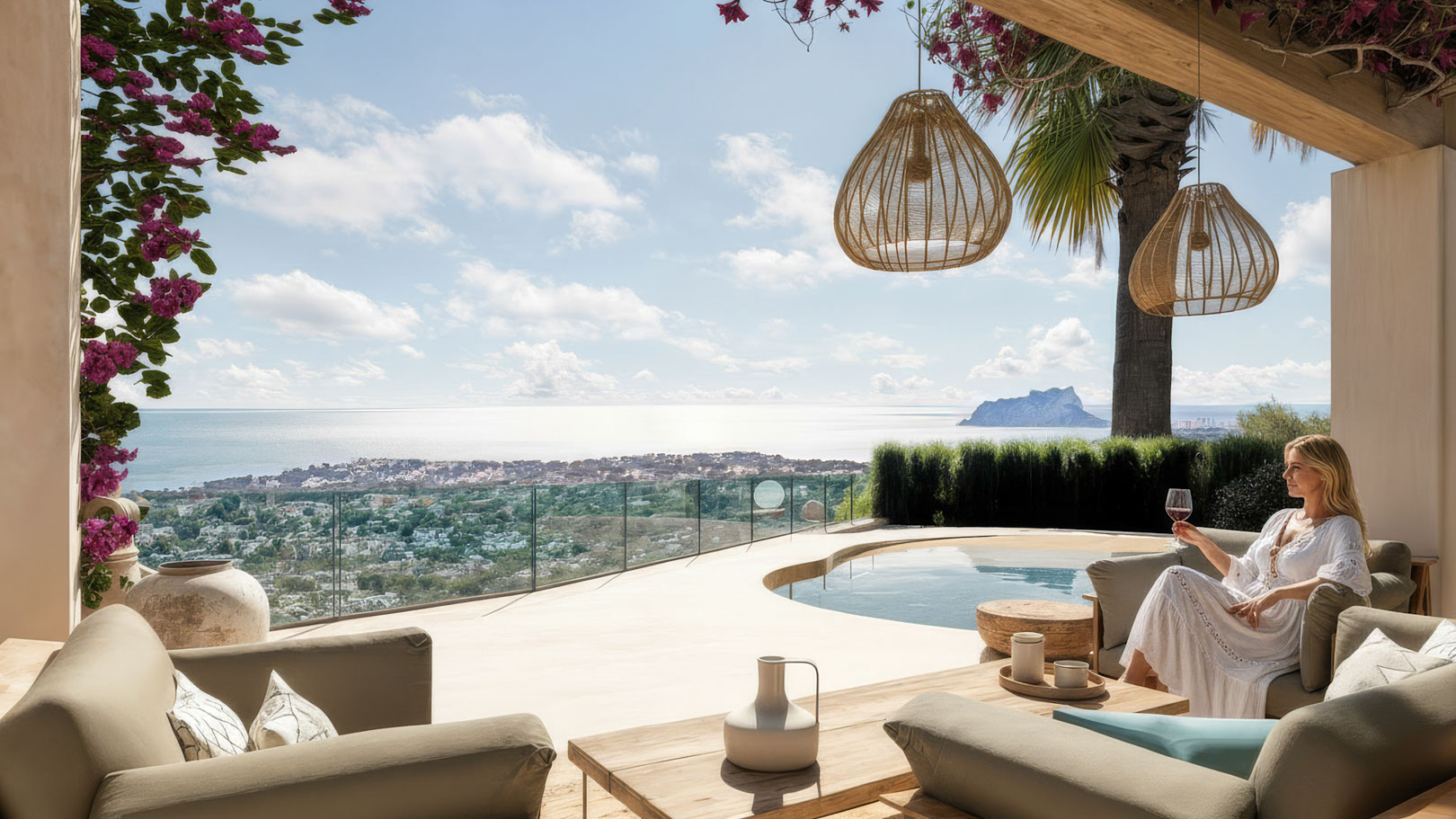 Außenunterrasse mit organisch geformtem Pool, Loungebereich und Panoramablick auf das Meer und den Peñón de Ifach, gestaltet mit Holzbalken und Naturfaserleuchten.