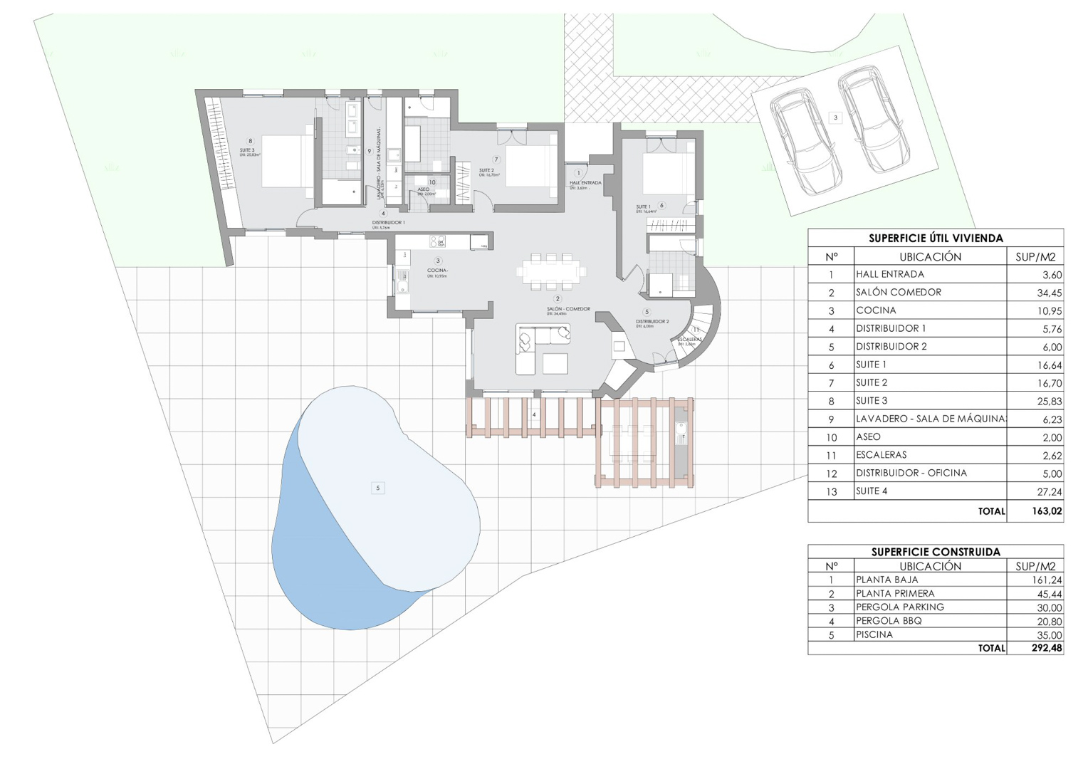 Technischer Grundriss des Erdgeschosses mit drei Suiten, Wohn-Esszimmer, Küche und Außenbereich inklusive 35 m2 Pool und Parkplatz-Pergola.