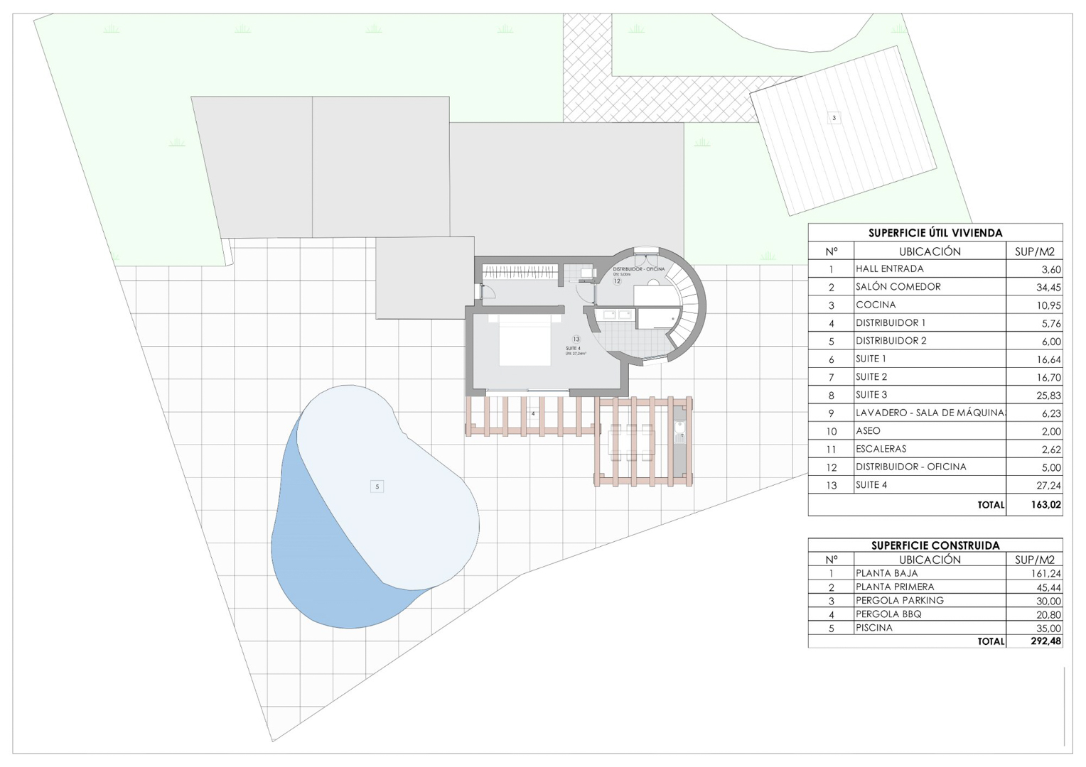Technischer Grundriss mit der Aufteilung der oberen Suite, dem 35m² großen Poolbereich und einer detaillierten Tabelle der Wohn- und Nutzflächen.