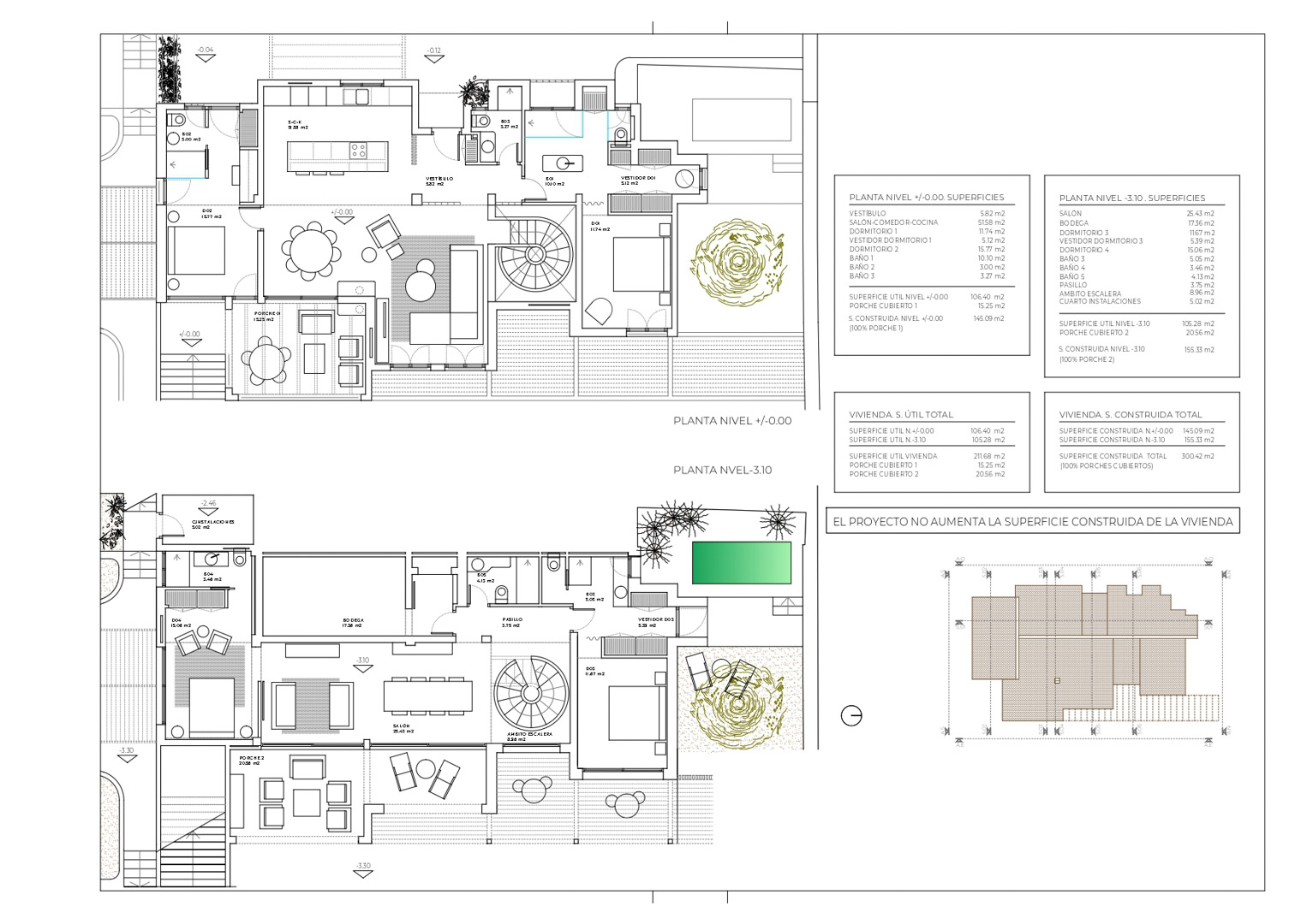 Detaillierte architektonische Grundrisse der zwei Ebenen mit offenen Wohnbereichen, Schlafzimmern mit Bad en Suite, einer Wendeltreppe und Außenbereichen.