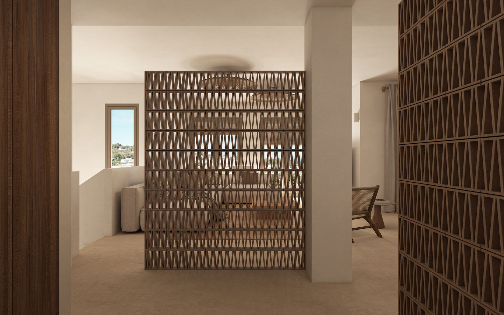 Geometrische Gitterwände aus Terrakotta dienen als architektonische Raumteiler und schaffen eine fließende Verbindung zwischen den verschiedenen Wohnbereichen.