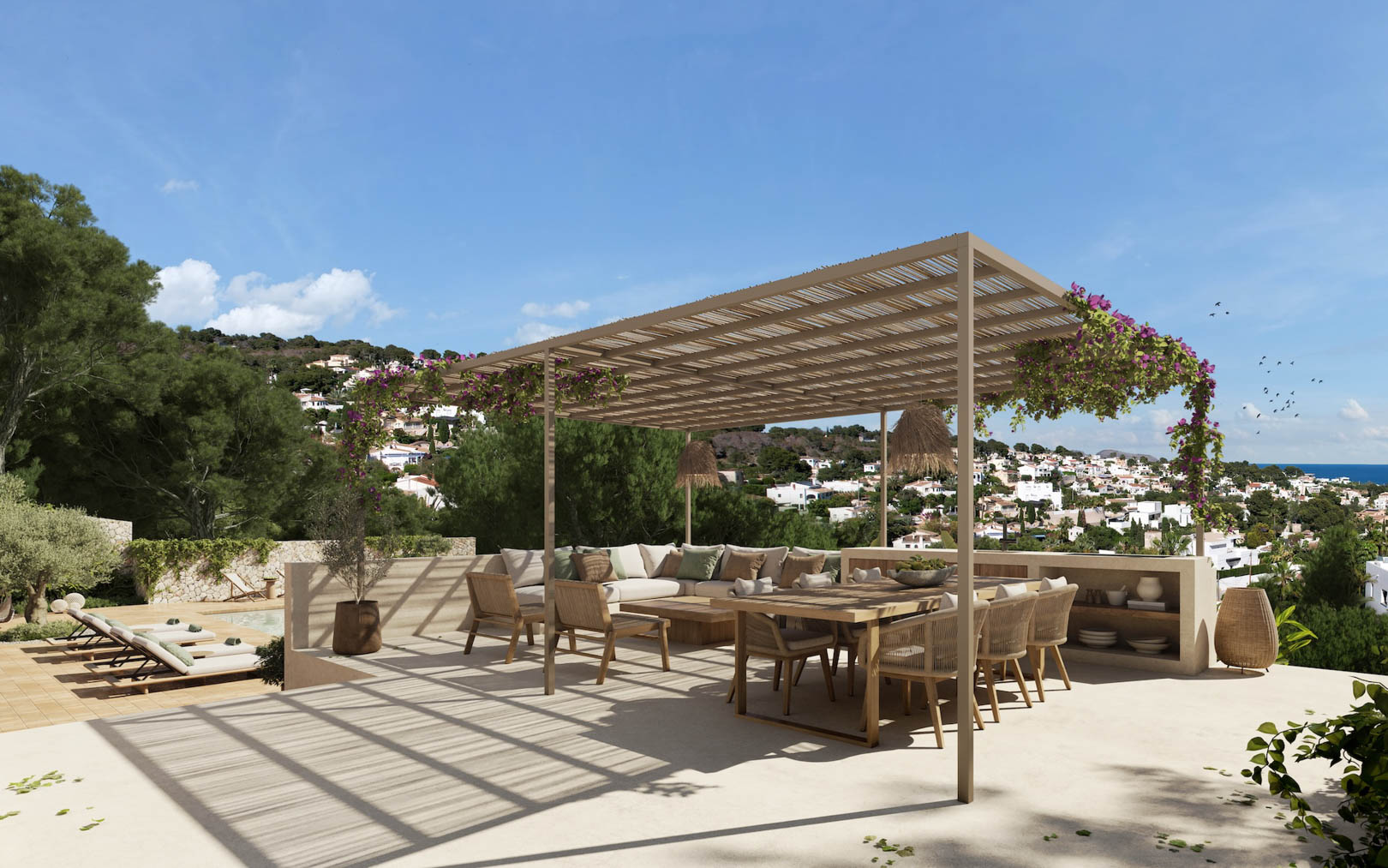 Hochterrasse mit Holzpergola und Bougainvillea, ausgestattet mit Essplatz und Lounge-Bereich mit Panoramablick auf die Küste von Benissa.