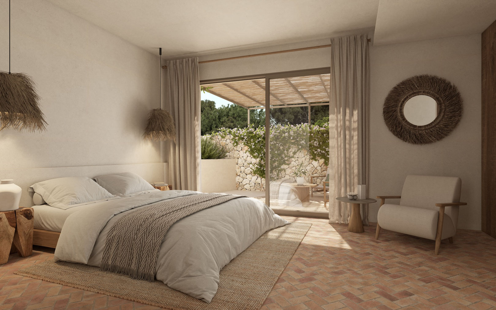 Mediterranes Schlafzimmer mit Terrakottaboden im Fischgrätmuster, Naturfaserlampen und Zugang zu einer privaten Terrasse mit Holzpergola und Natursteinmauern.