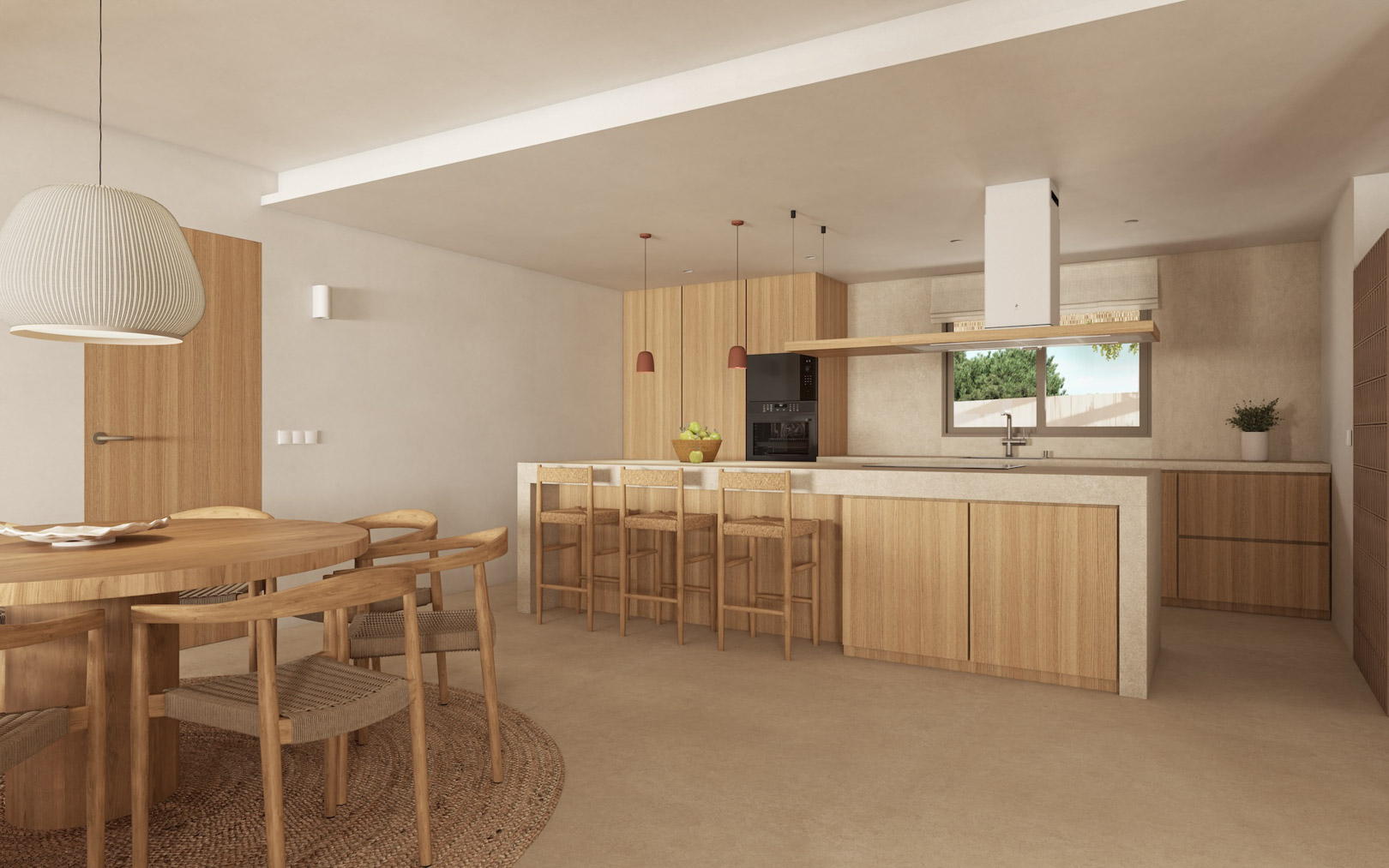 Offene Designerküche mit Steininsel, Schränken aus Naturholz und integriertem Essbereich mit rundem Holztisch und mediterranen Stühlen.