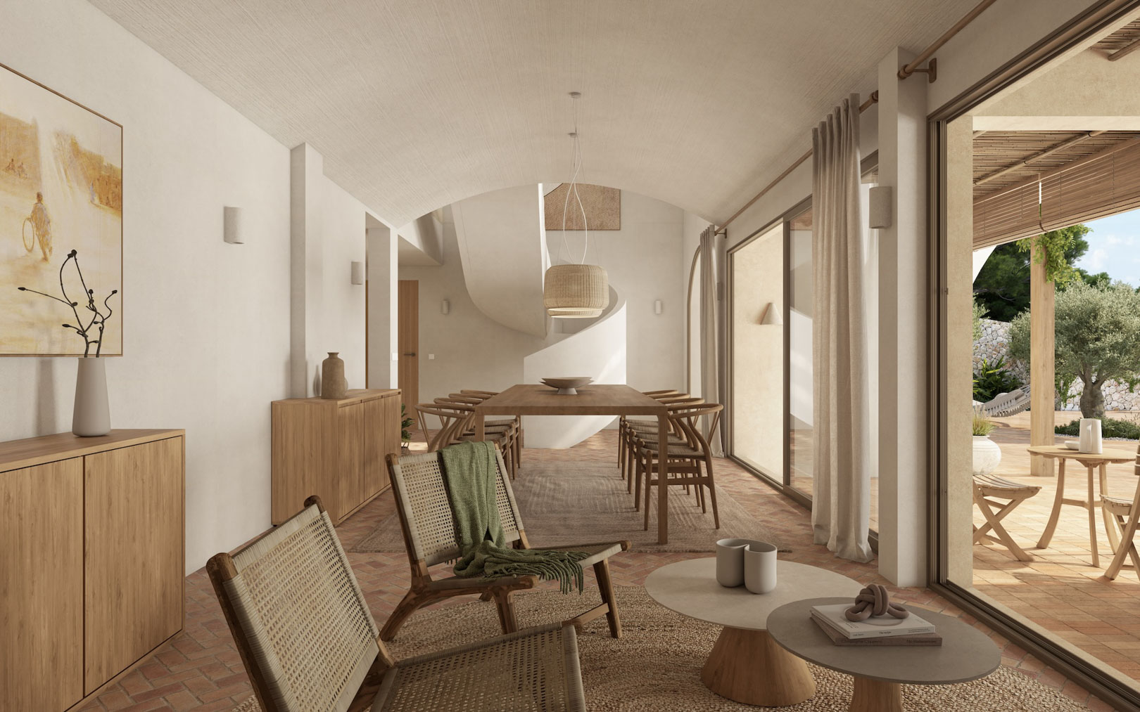 Offener Wohn- und Essbereich mit markanter Gewölbedecke, Terrakottaboden und Wendeltreppe. Große Schiebetüren verbinden den Raum mit der mediterranen Terrasse und dem Garten.