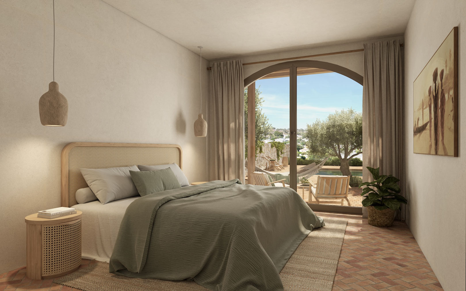 Schlafzimmer mit Terrakottaboden im Fischgrätmuster, Wiener Geflecht am Kopfteil und Rundbogen-Glastür zur privaten Terrasse mit Blick auf Garten und Pool.