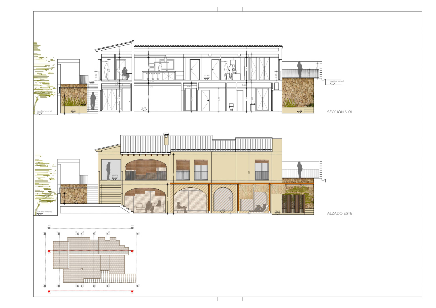 Technische Architekturzeichnung mit Querschnitt und Ostansicht, die den zweistöckigen Grundriss mit mediterranen Bögen und Natursteinmauern zeigt.