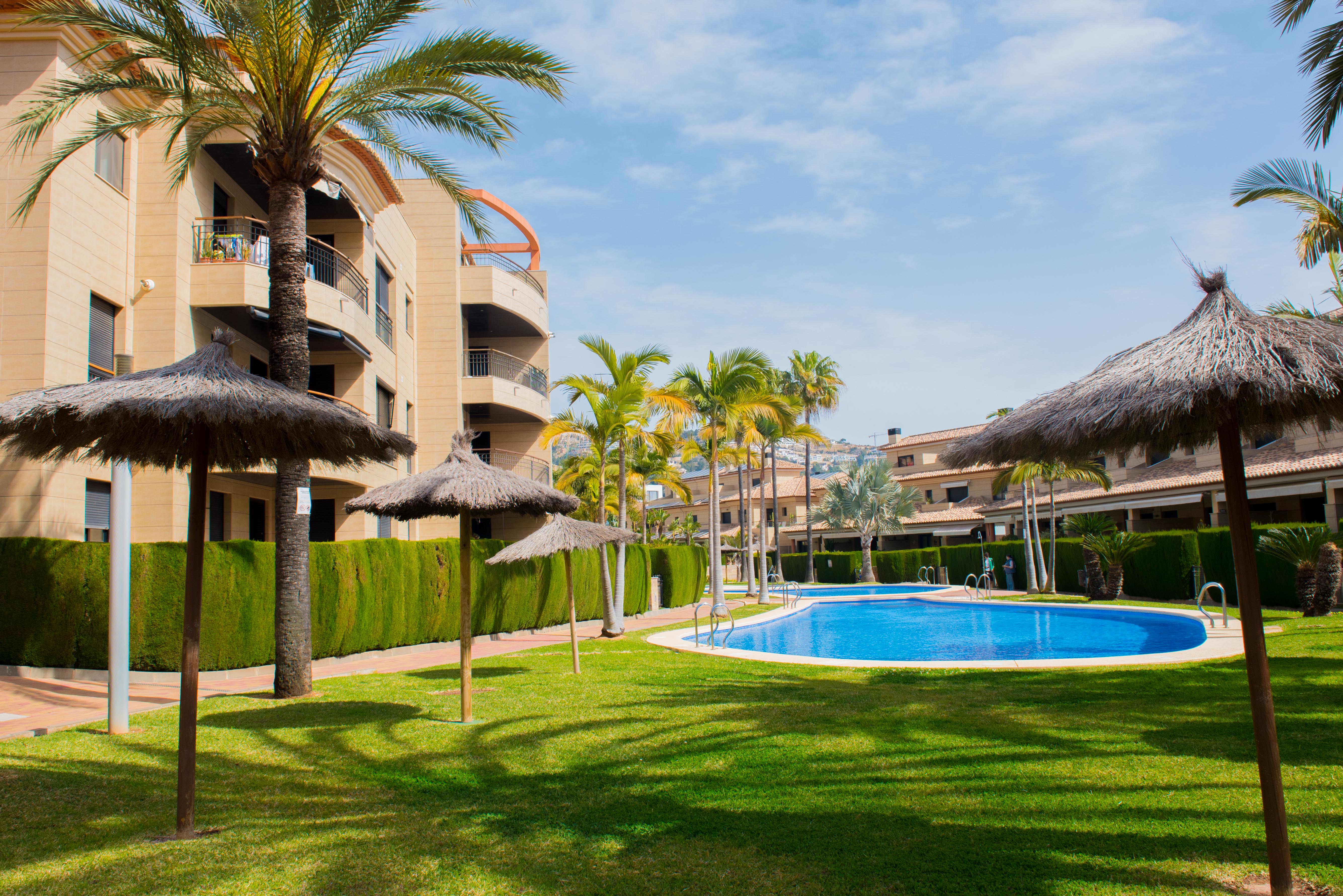 Gemeinschaftlicher Außenbereich mit großem Pool, gepflegtem Rasen, Reet-Sonnenschirmen und Palmen vor den modernen Apartmentgebäuden.
