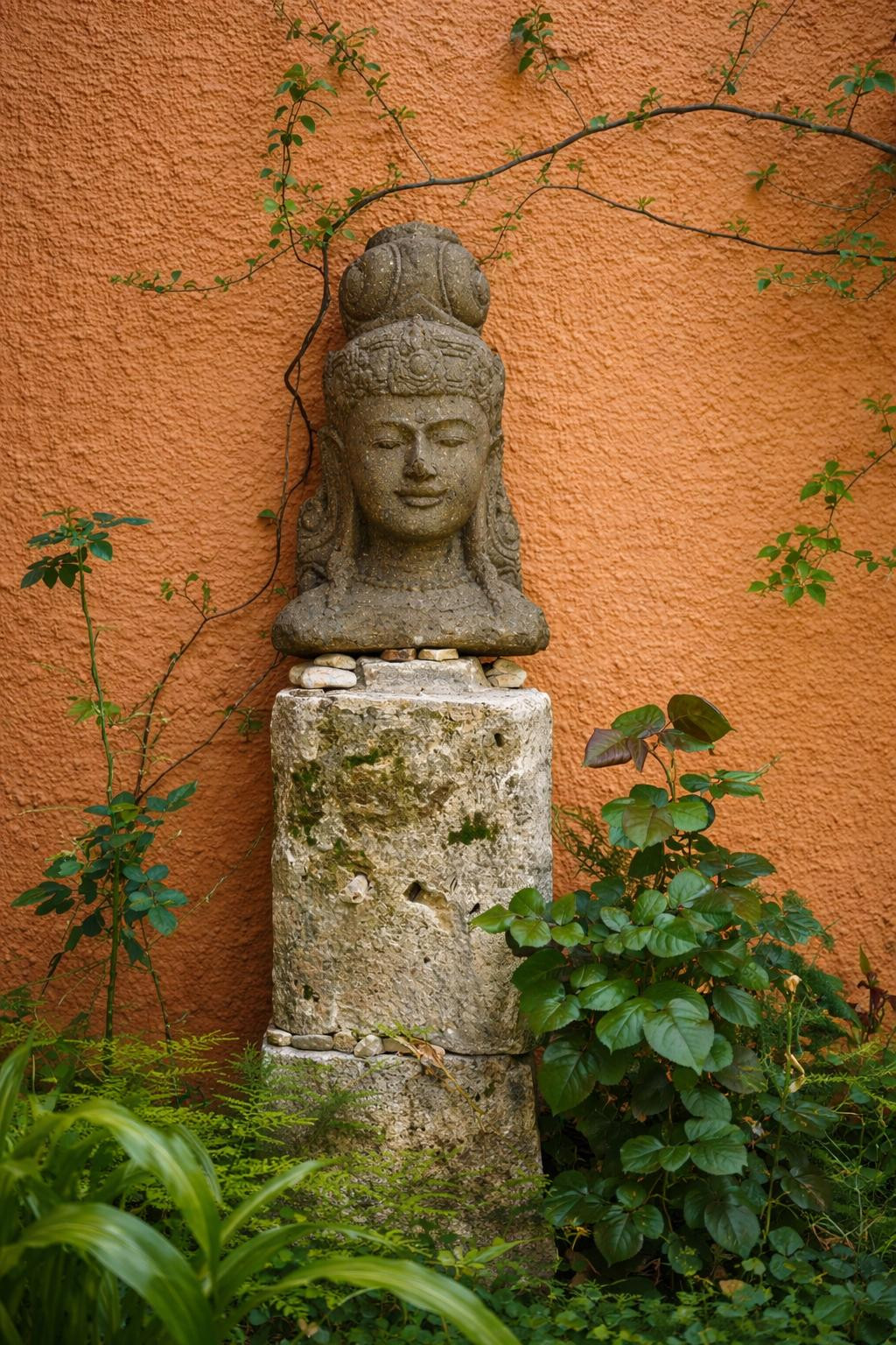 Dekorative Steinbüste auf einem verwitterten Sockel, eingebettet in Gartenpflanzen vor einer terracottafarbenen, strukturierten Außenwand.