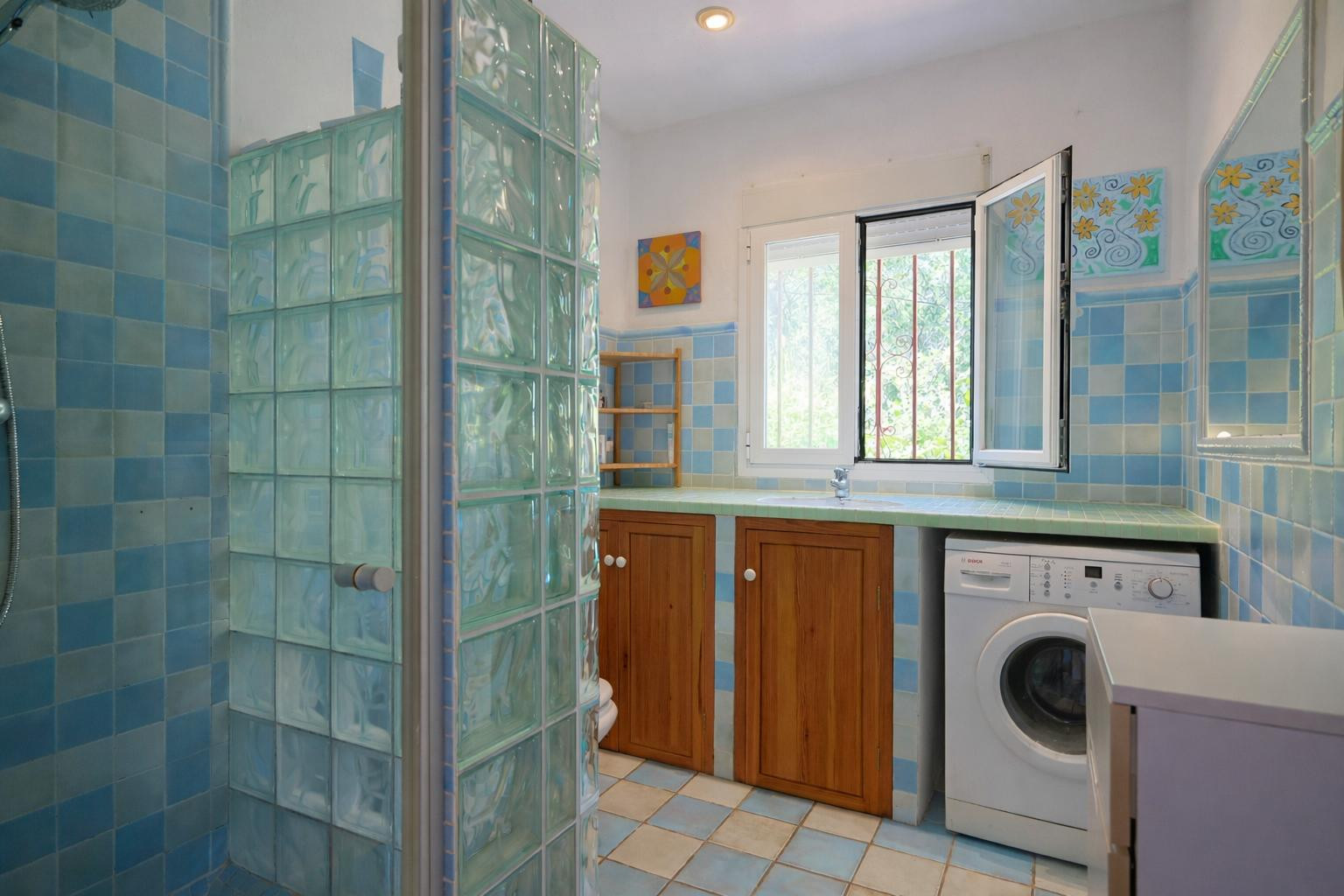 Funktionales Badezimmer mit Waschbereich, blau karierten Fliesen, Glasbaustein-Duschwand, Holzunterschränken und integrierter Waschmaschine.