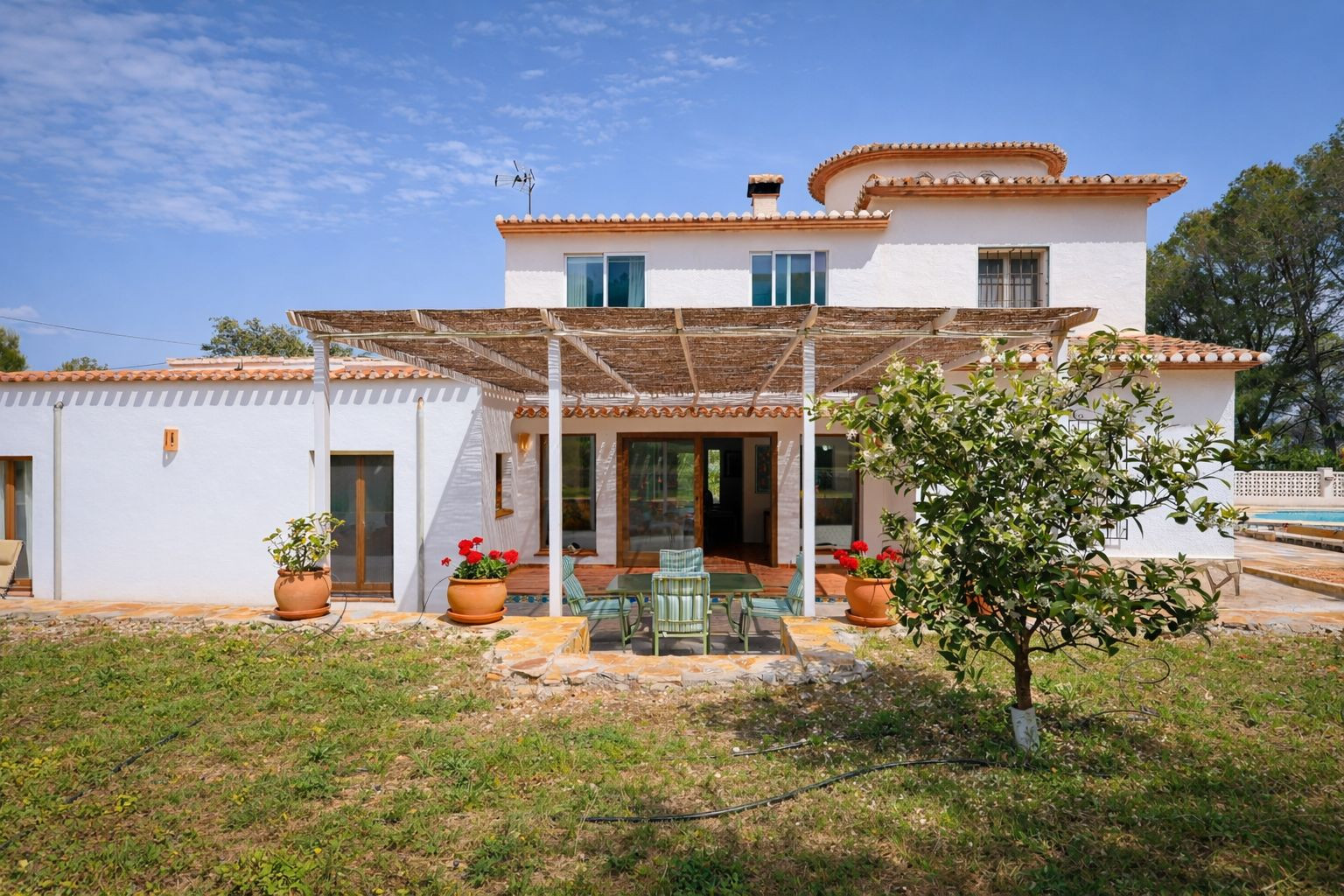 Rückansicht der Villa mit schilfgedeckter Pergola, Essbereich im Freien und mediterranem Garten mit Obstbäumen.