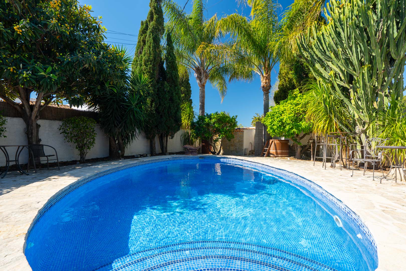 Ovaler Pool mit blauen Mosaikfliesen, umgeben von Natursteinplatten und einem gepflegten Garten mit Palmen, Zypressen und Kakteen.
