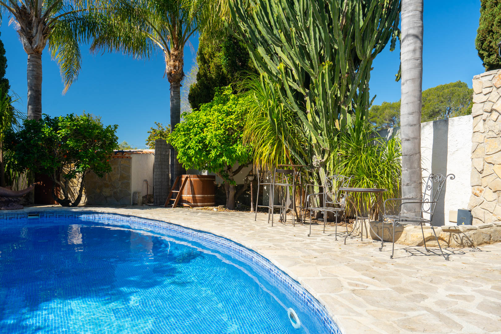 Poolbereich mit Natursteinterrasse, schmiedeeisernen Möbeln und mediterraner Bepflanzung mit großen Kakteen und Palmen.