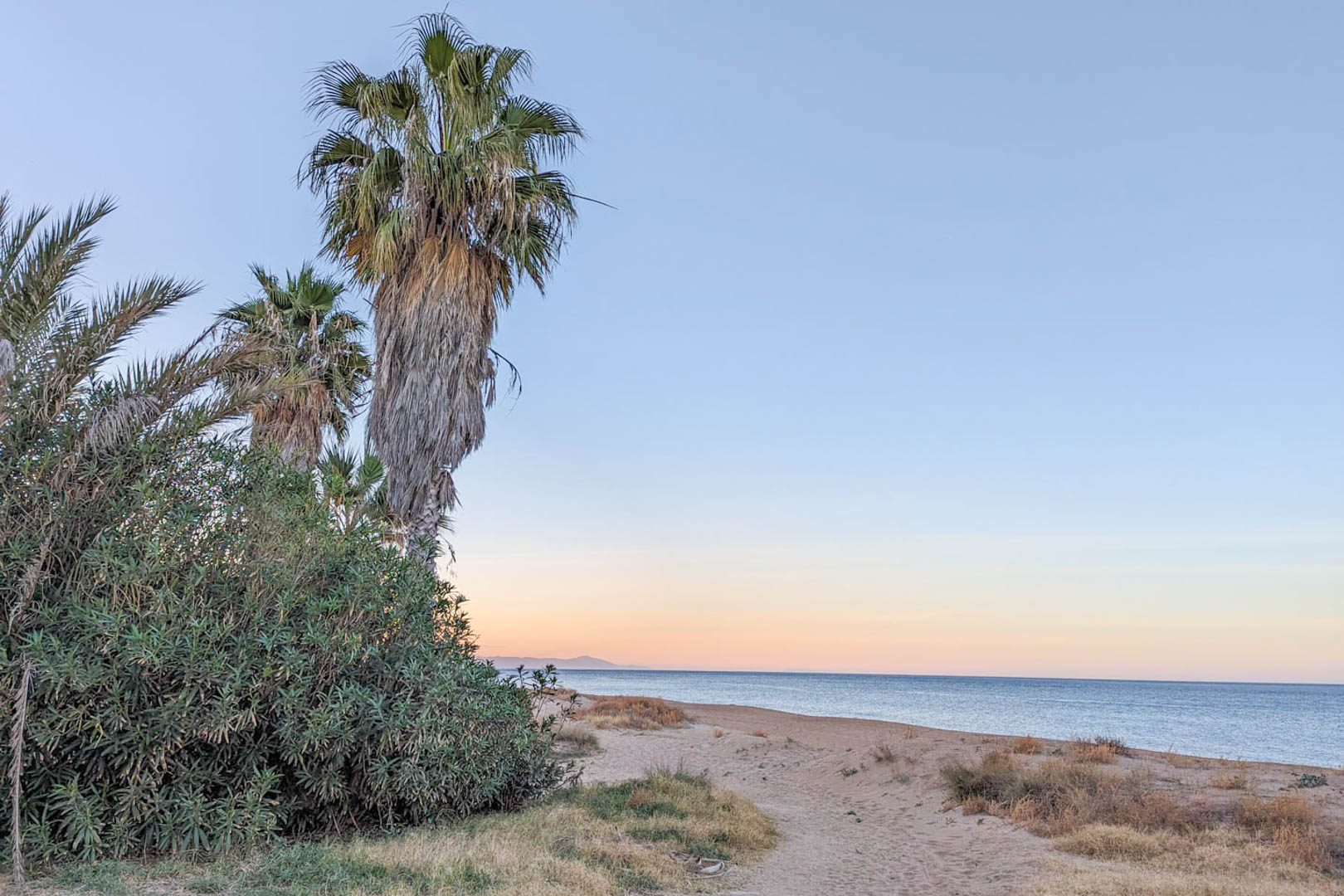 Blick auf den nahen Strand mit Sanddünen, Palmen und mediterraner Vegetation unter einem klaren Abendhimmel, weniger als zwei Kilometer vom Haus entfernt.