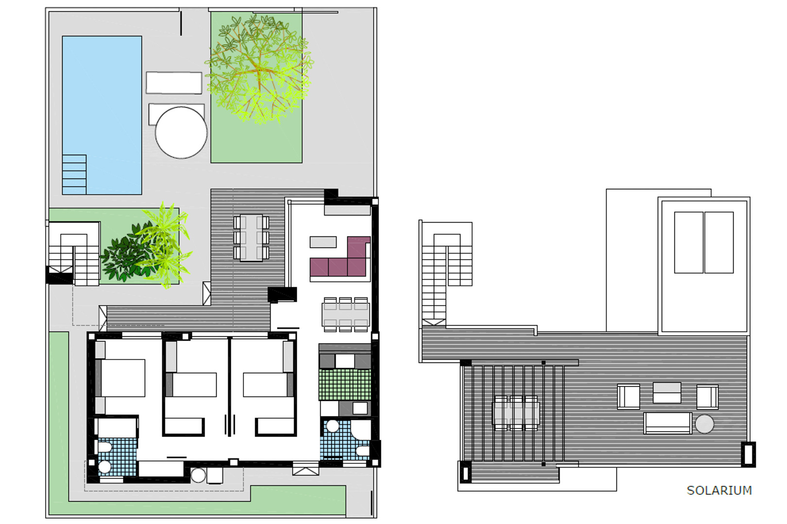Detaillierter Grundriss mit der Aufteilung der 3 Schlafzimmer, dem offenen Wohnbereich und einer großzügigen Dachterrasse mit Pergola und Loungebereichen.