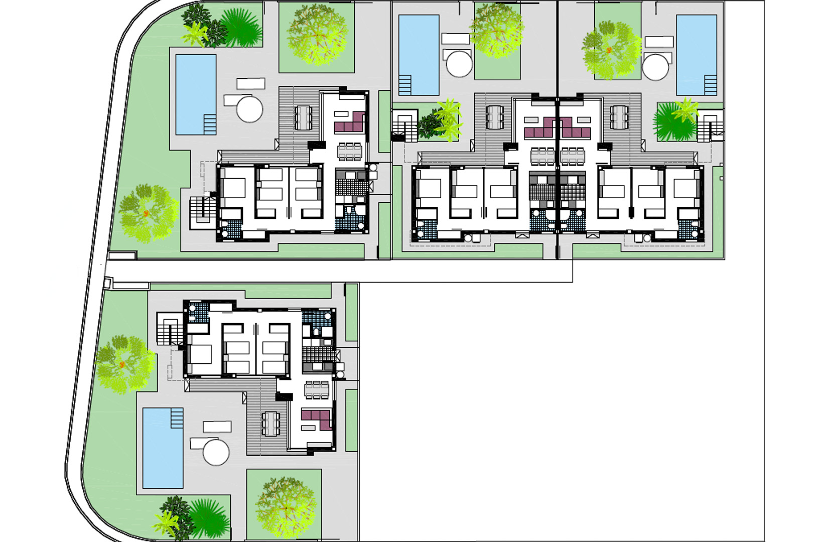 Detaillierter Lageplan der Wohnanlage mit Darstellung von vier Einheiten, privaten Gartenbereichen, Pools und der inneren Raumaufteilung der Zimmer.