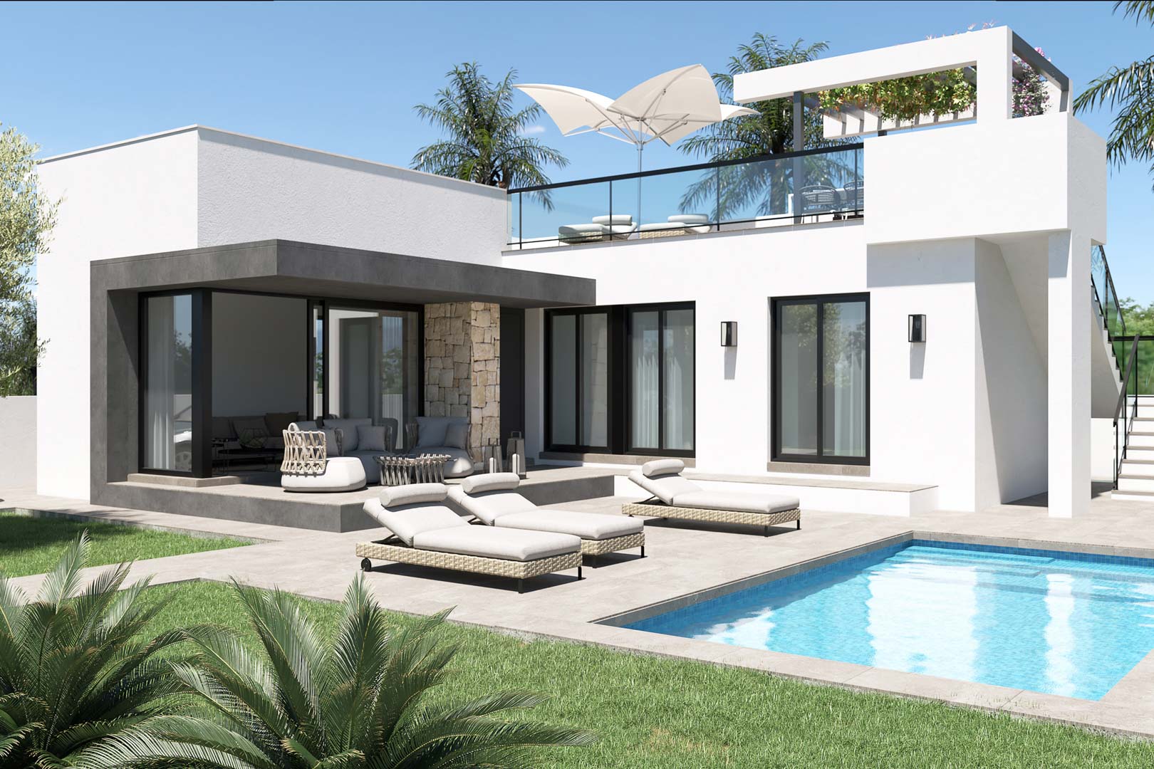 Moderne Villa mit privatem Pool, großzügiger Fliesenterrasse, überdachtem Loungebereich und Dachsolarium mit Glasgeländer und Pergola.