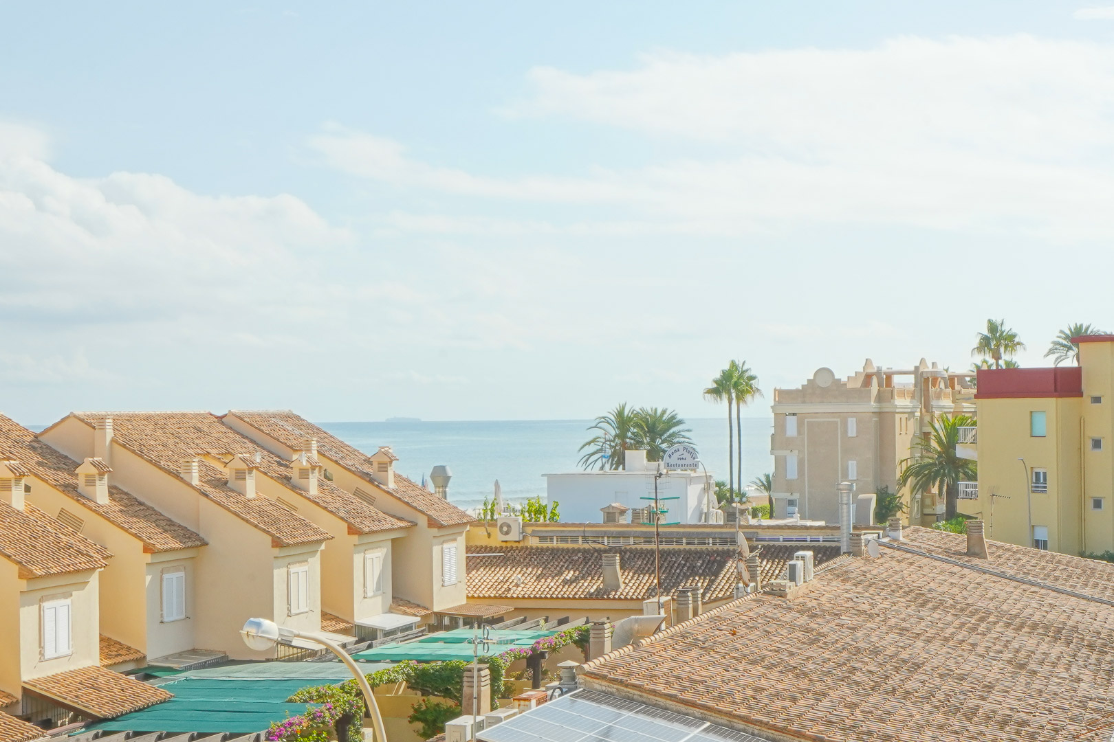Erhöhter Blick über mediterrane Dächer mit Terrakotta-Ziegeln und Palmen auf das ruhige Meer am Horizont bei hellem Tageslicht.