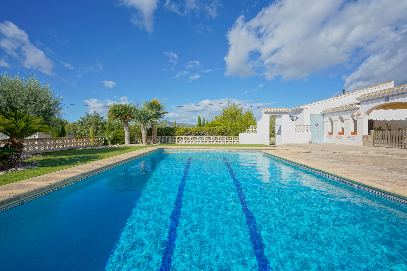 Rechteckiger Pool mit Schwimmbahnen, umgeben von einer Steinterrasse und gepflegtem Garten mit Palmen vor der weißen mediterranen Fassade.