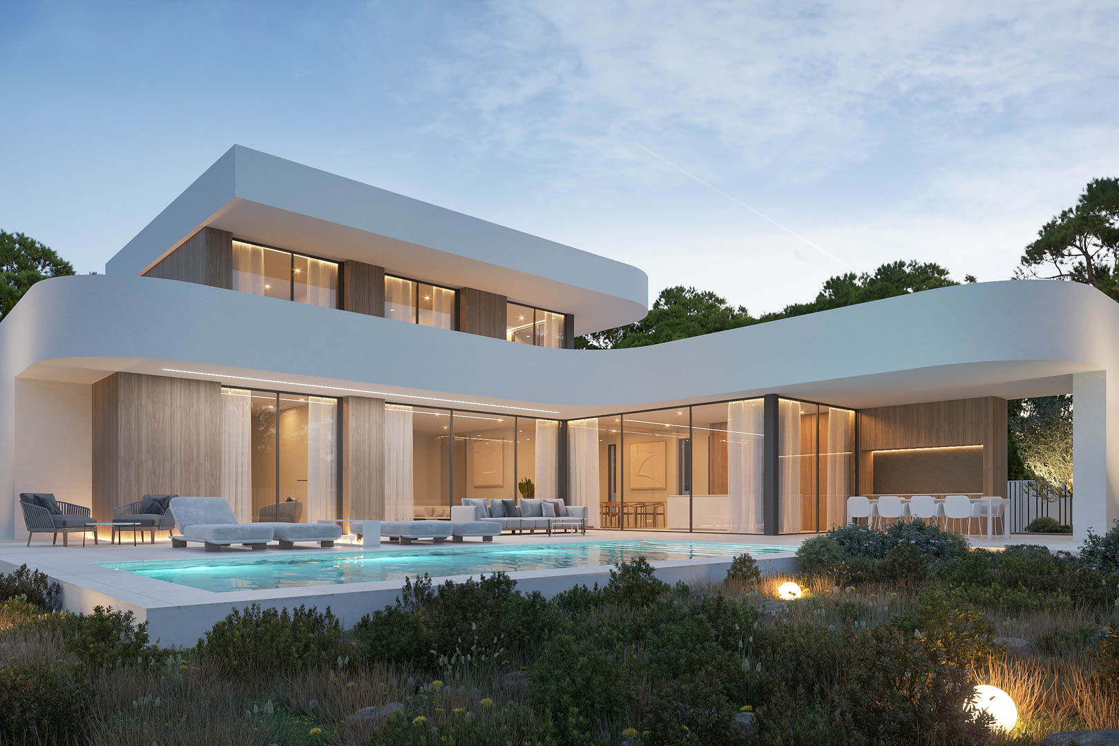 Außenansicht einer modernen Villa mit weißer, geschwungener Fassade, Holzpaneelen, Infinity-Pool und elegant beleuchteten Terrassenbereichen.