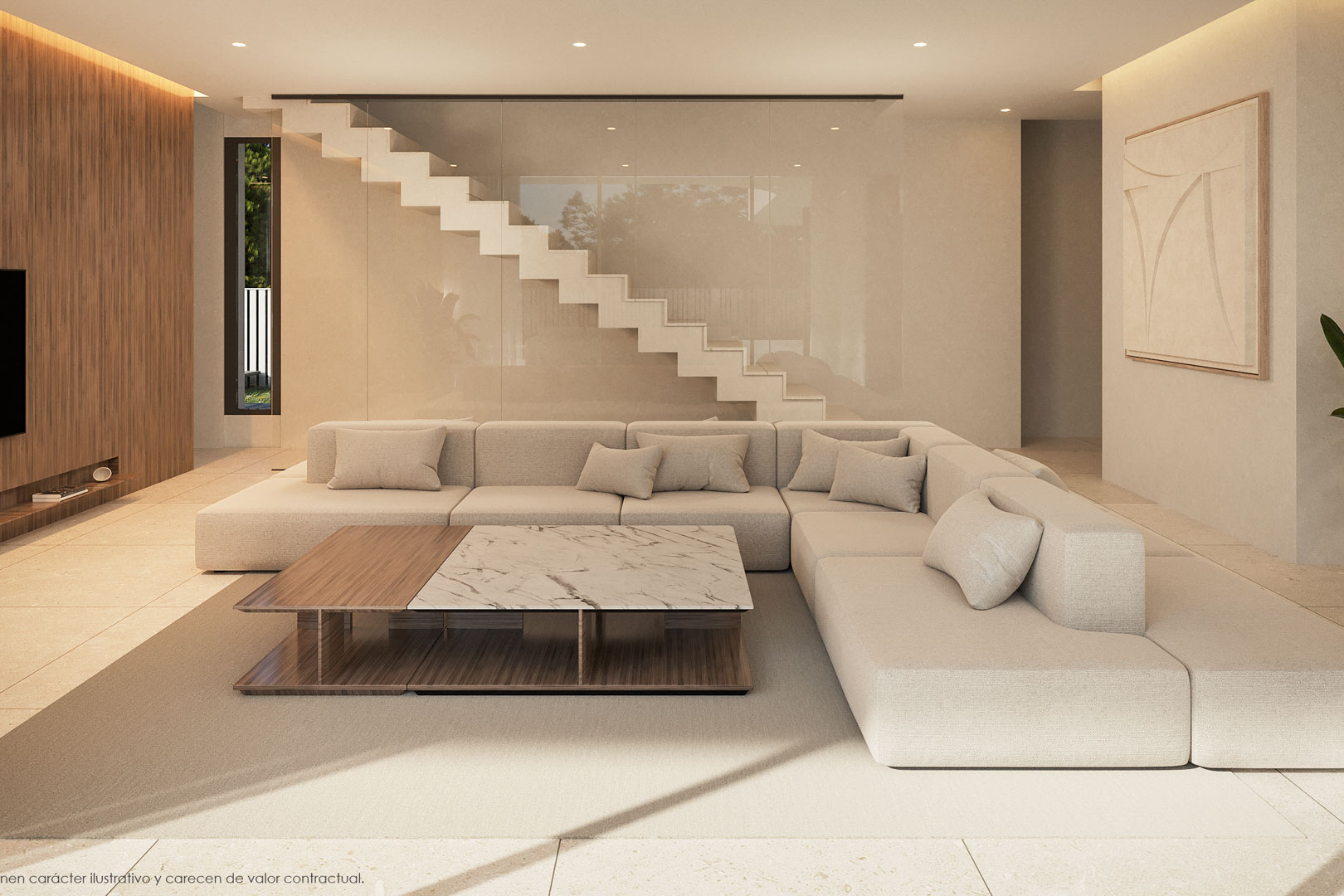 Design-Wohnbereich mit modularem Sofa, Couchtisch aus Marmor und Holz sowie einer schwebenden Treppe hinter einer eleganten Glastrennwand.