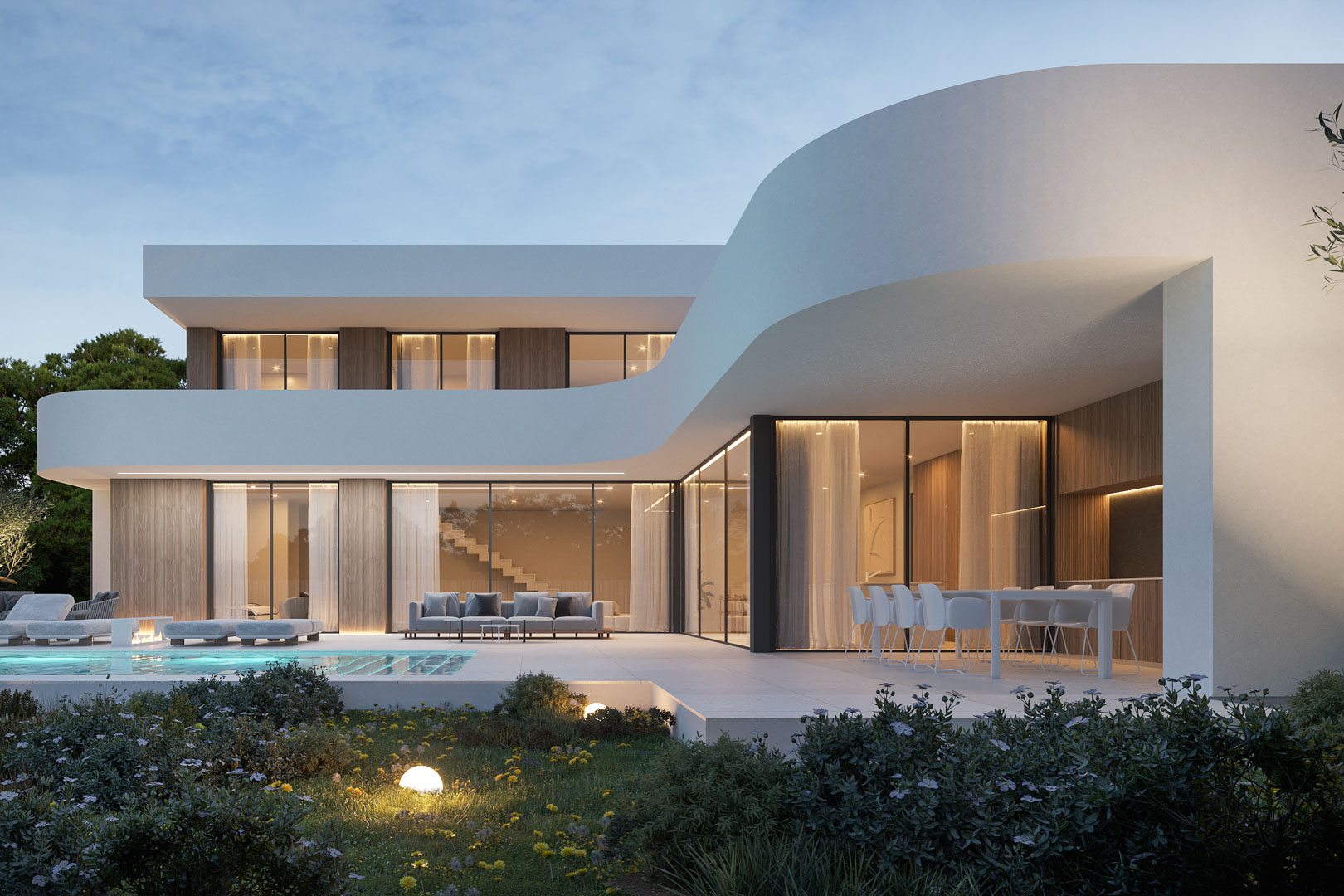 Moderne Villa mit geschwungenen Fassadenlinien, bodentiefen Glasfronten, großzügiger Terrasse und beleuchtetem Poolbereich in mediterraner Umgebung.