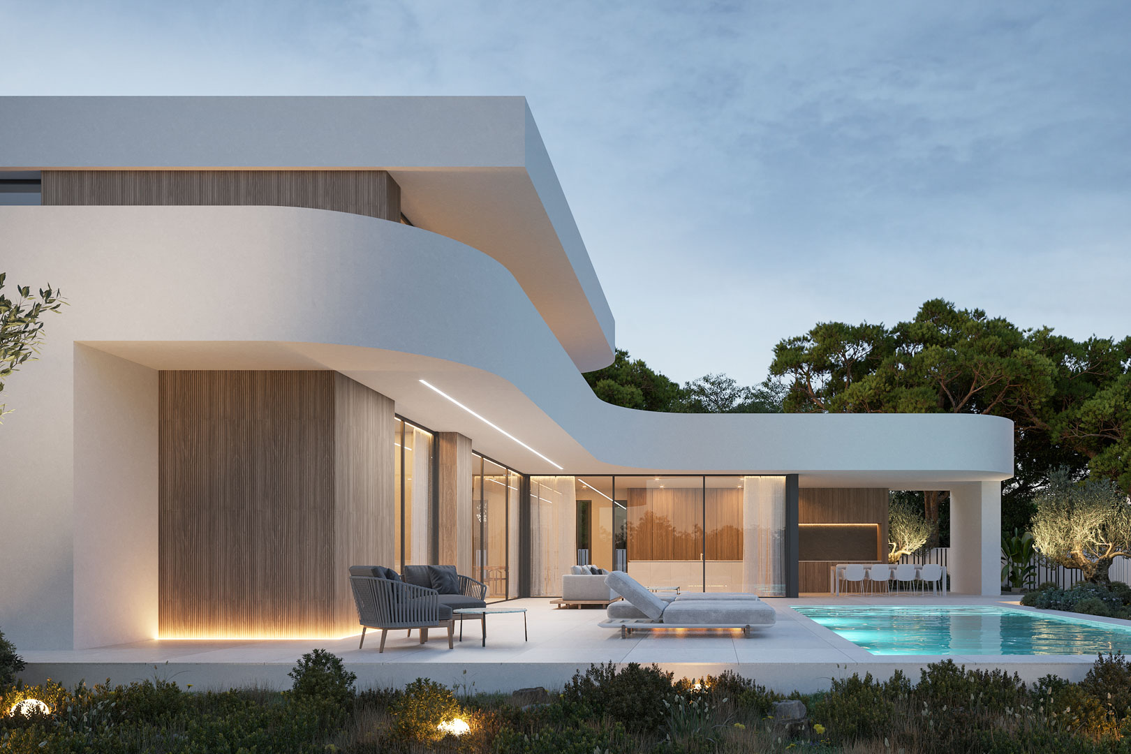 Moderne Villa mit geschwungenen Linien und Holzpaneelen, großzügiger Terrasse, beleuchtetem Pool und bodentiefen Glasfronten, die Innen- und Außenbereich verbinden.