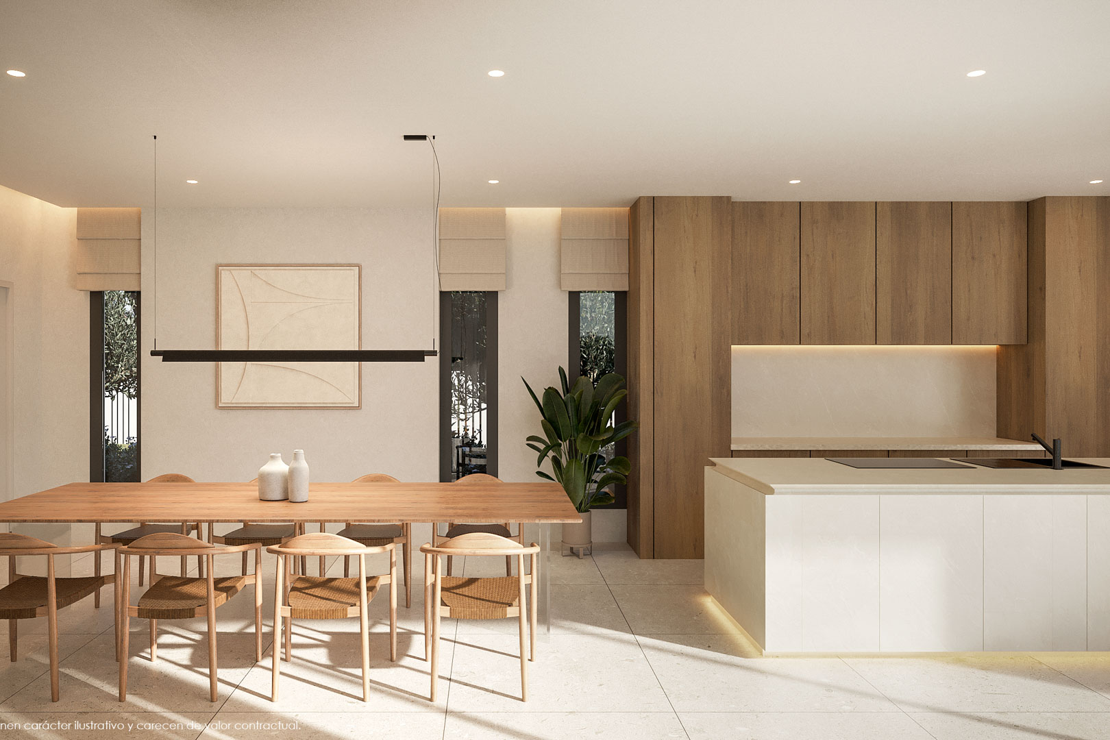 Offener Ess- und Küchenbereich mit Naturholztisch, Designerstühlen und einer minimalistischen weißen Insel. Mit Holzschränken und integrierter LED-Beleuchtung.