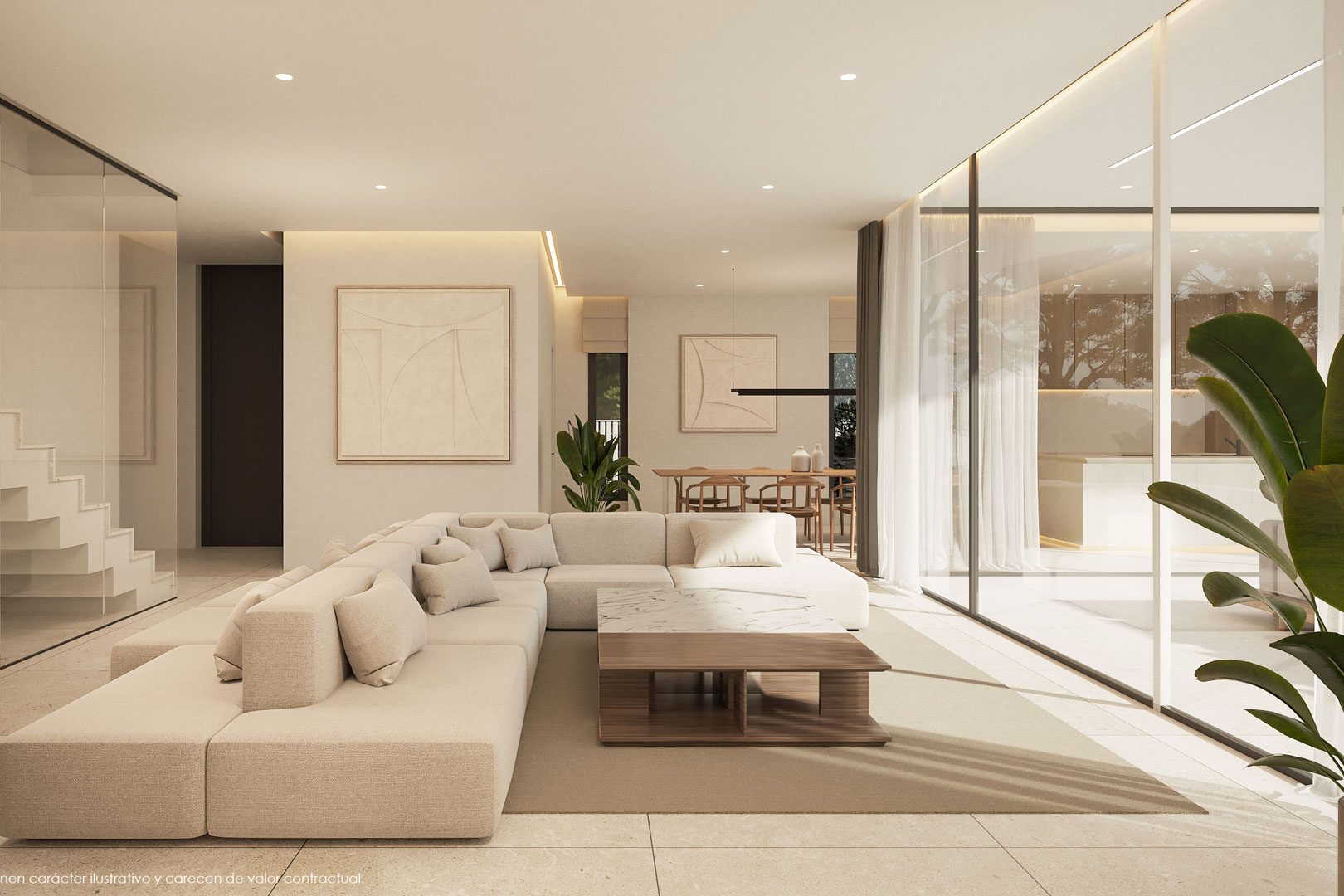Offener Wohnbereich mit modularem Sofa, bodentiefen Glasfronten und einer minimalistischen Treppe mit Glasgeländer für maximale Transparenz.