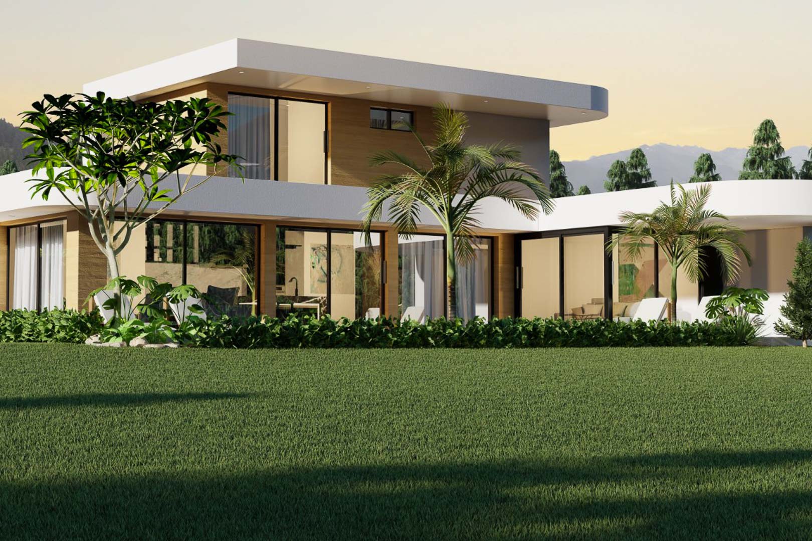 Außenansicht der modernen Villa mit grosszügigen Glasfenstern und üppigem Garten.