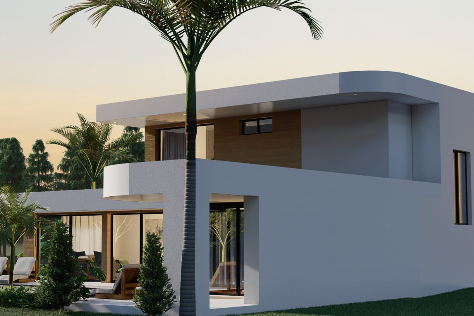 Außenansicht der modernen Villa mit weißer Fassade und Holzelementen, umgeben von tropischem Grün.