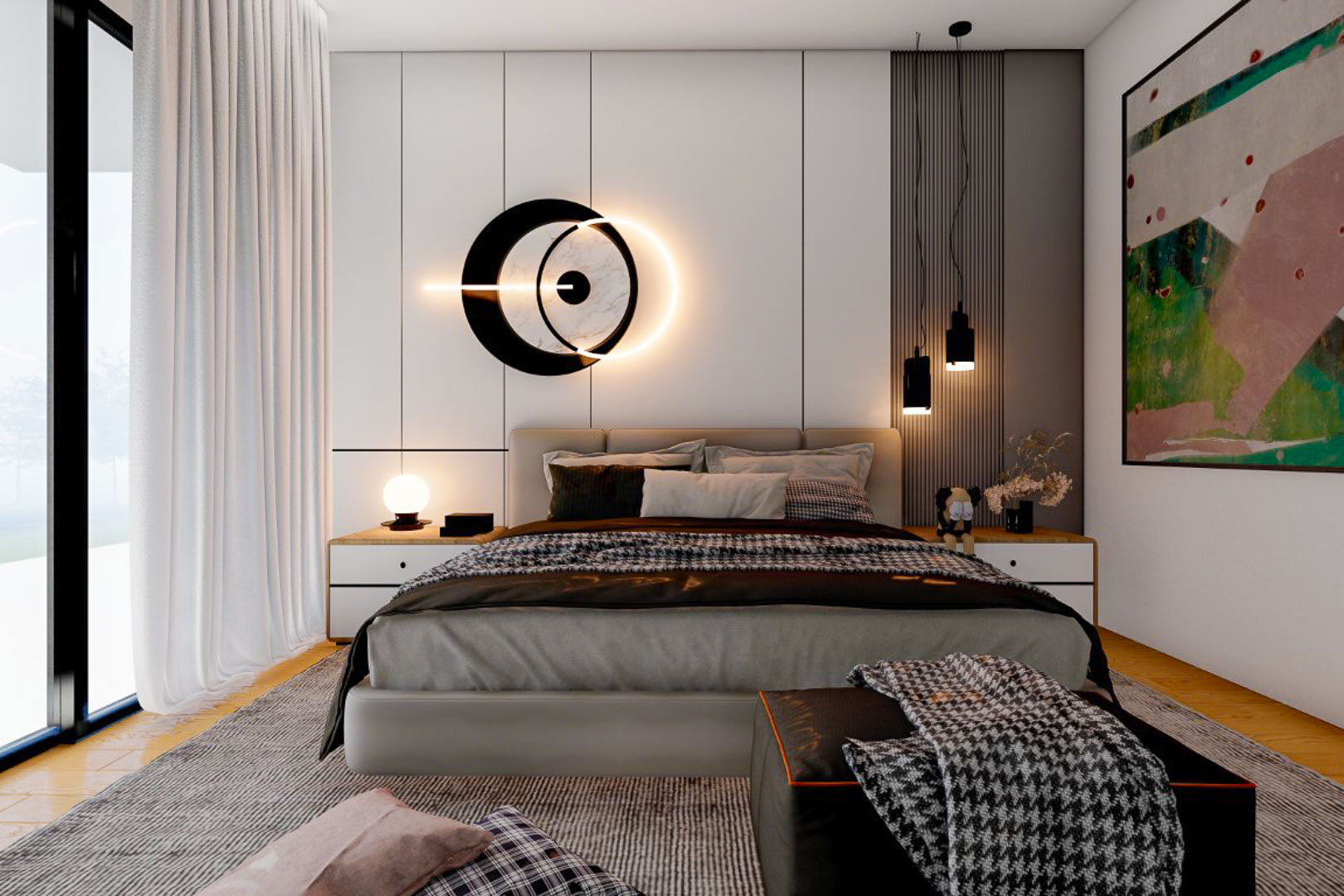 Hauptschlafzimmer mit Paneelkopfteil, Pendelleuchten und abstraktem Kunstwerk.